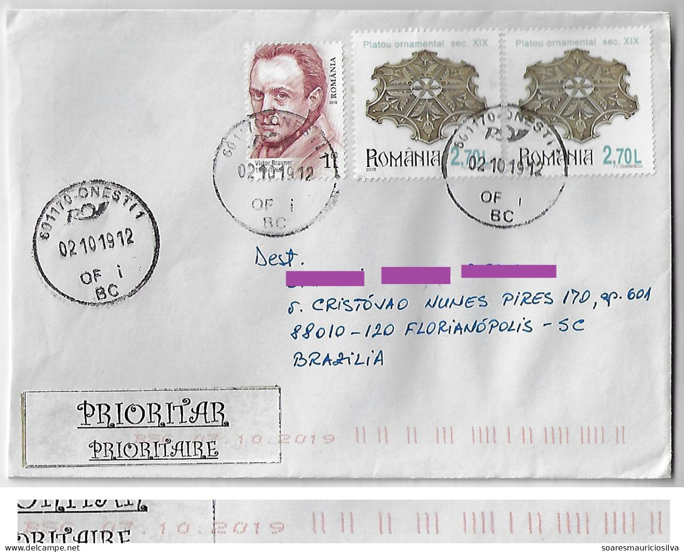 Romania 2019 Priority Cover Sent From Oneşti To Florianópolis Brazil 3 Stamp Electronic Sorting Mark - Cartas & Documentos