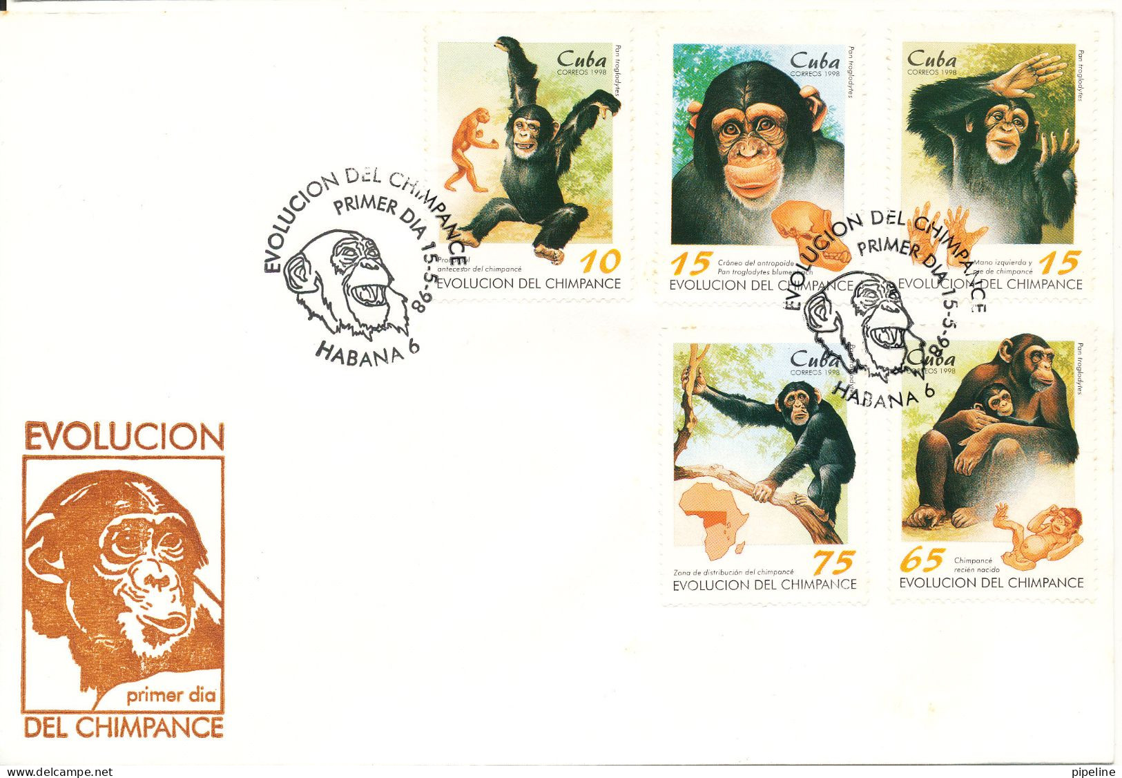 Cuba FDC 15-5-1998 CHIMPANCE Complete Set Of 5 With Cachet - FDC