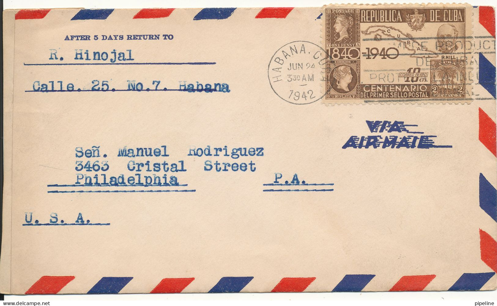 Cuba Censored (4479) Air Mail Cover Sent To USA Habana 24-6-1942 MAP On The Stamp - Airmail