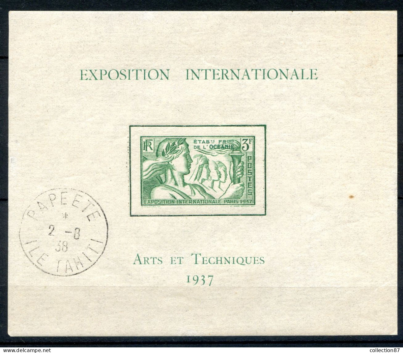 Réf 80 < OCEANIE < BLOC N° 1 Ø - Cat 65 € < Cachet Papeete 02-08-1938 Ile Tahiti - Hojas Y Bloques