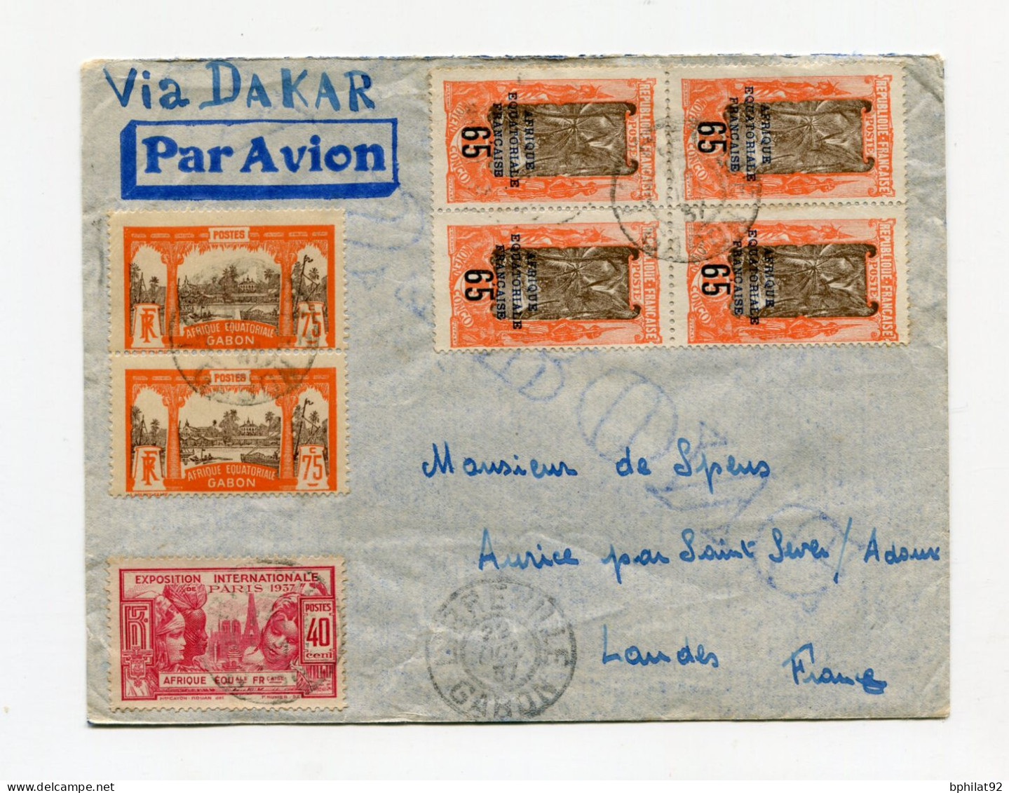 !!! AEF, LETTRE PAR AVION DE LIBREVILLE DE 1937 POUR ST SEVER. BEL AFFRANCH RECTO VERSO - Cartas & Documentos