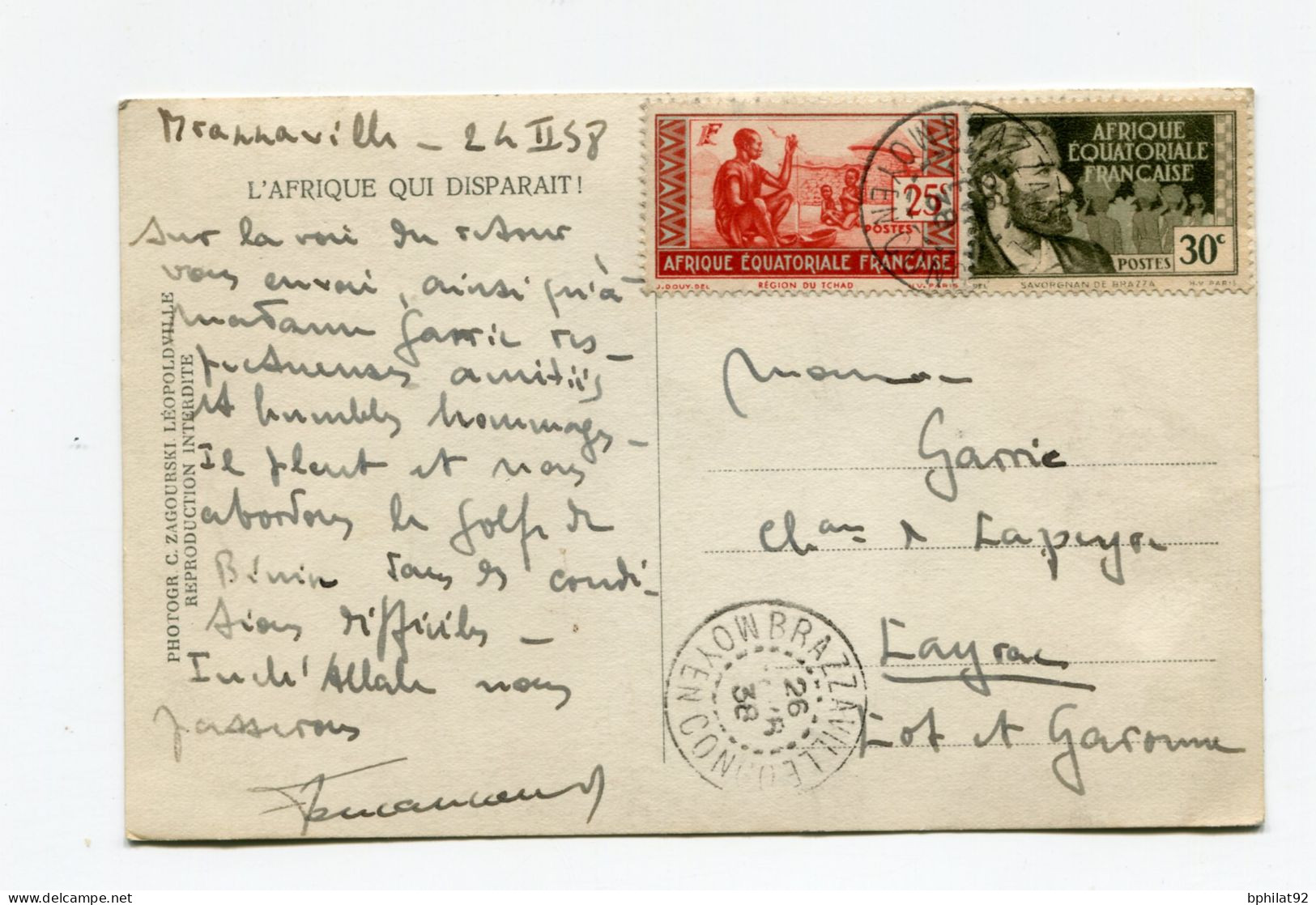 !!! AEF, CPA DE BRAZZAVILLE DE 1938 POUR LAYRAC - Cartas & Documentos