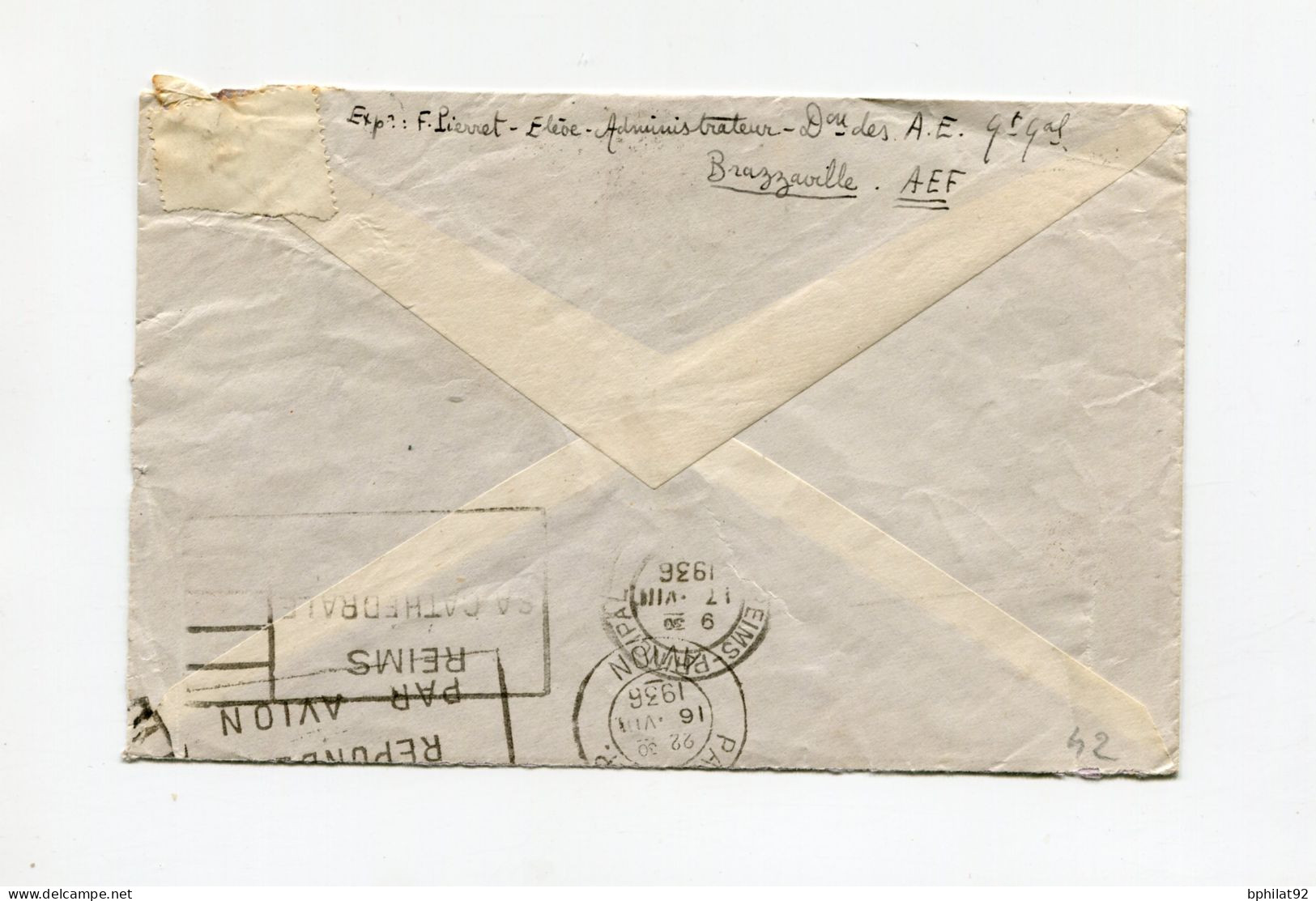 !!! AEF, LETTRE PAR AVION DE BRAZZAVILLE DE 1936 POUR REIMS - Cartas & Documentos