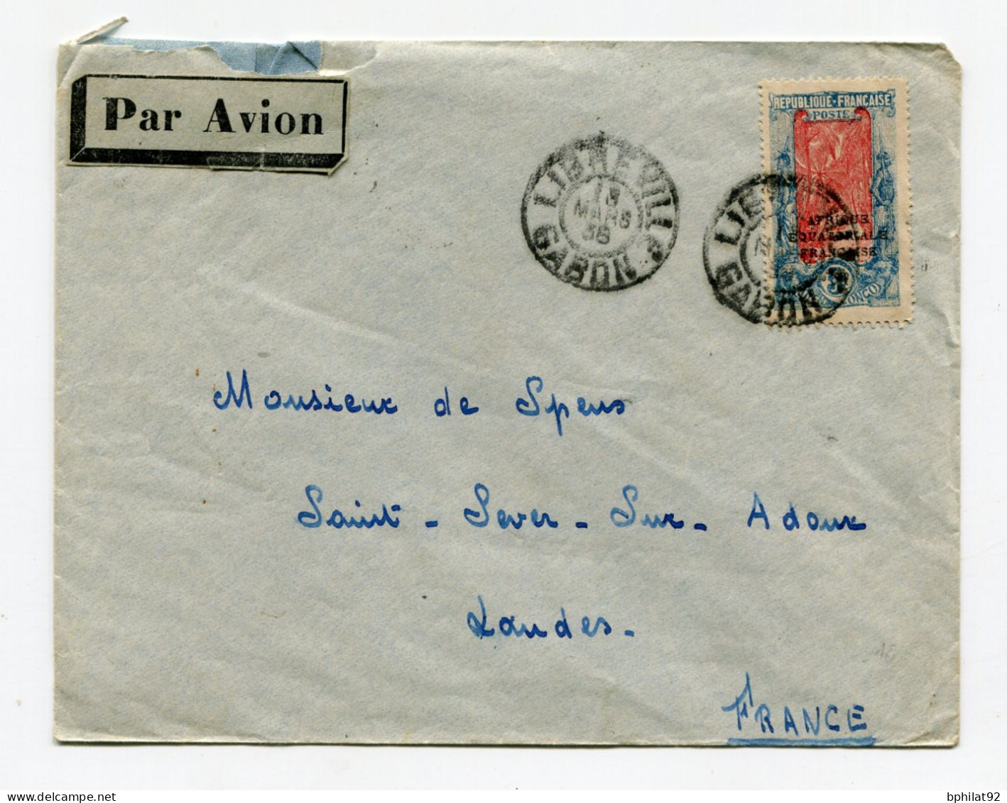 !!! AEF, LETTRE PAR AVION DE LIBREVILLE DE 1936 POUR ST SEVER - Cartas & Documentos