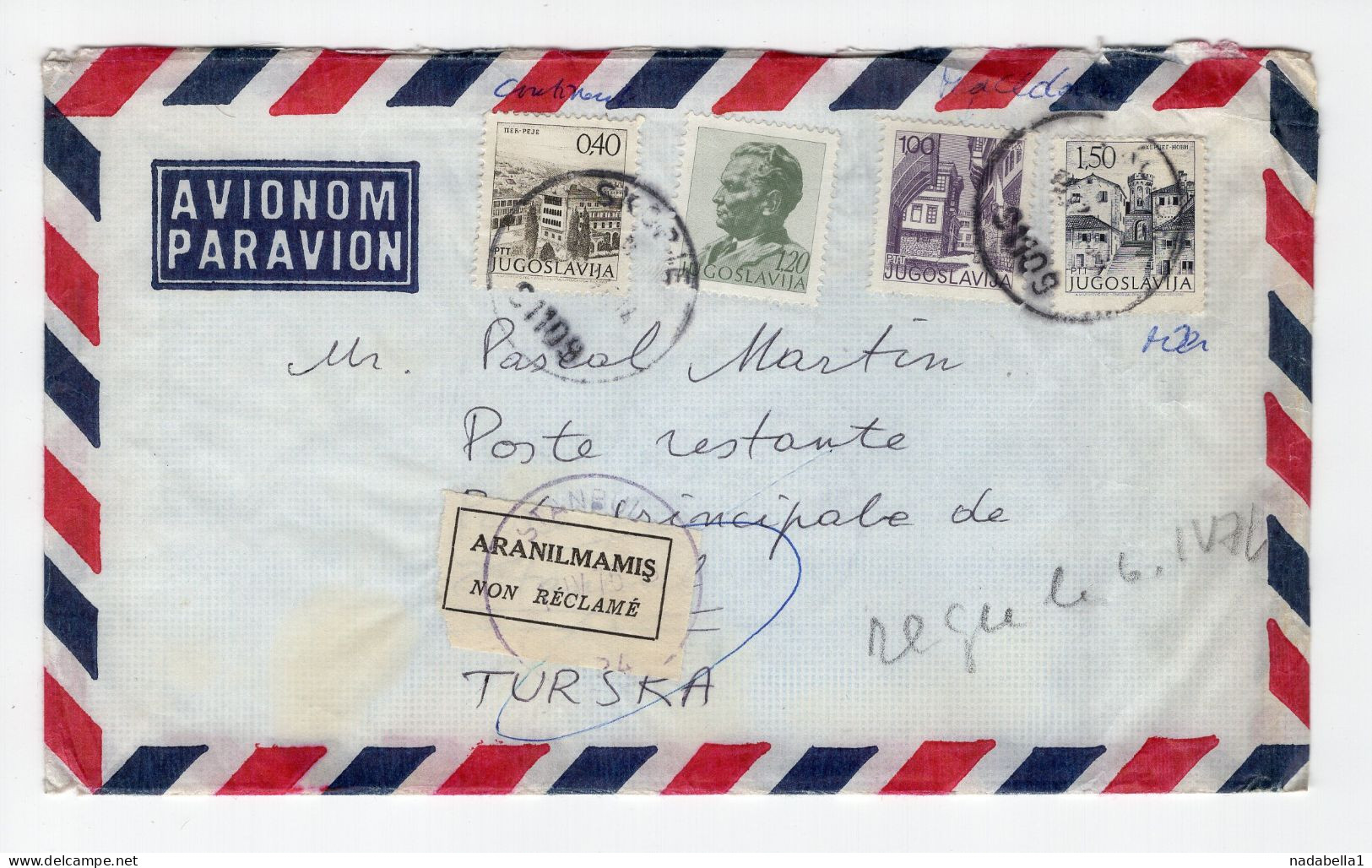 1975.YUGOSLAVIA,MACEDONIA,AIRMAIL COVER SKOPJE TO TURKEY,ISTANBUL,POSTE RESTANTE,NON RECLAME,NOT CLAMED - Luftpost