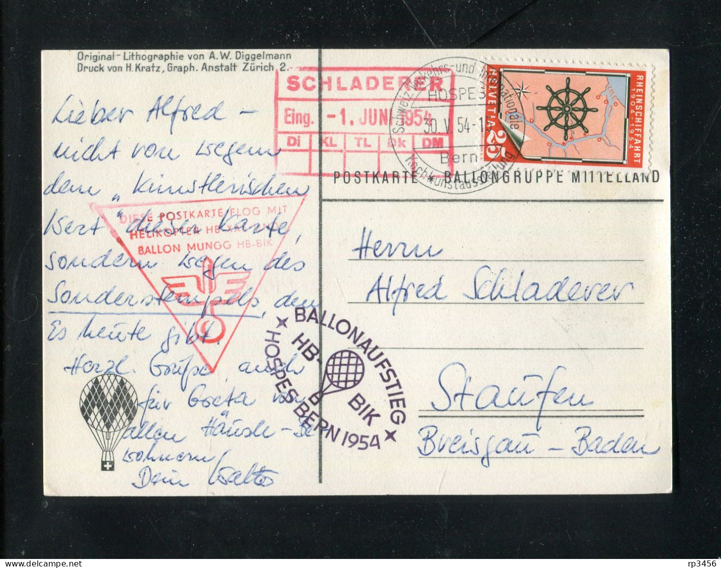 "SCHWEIZ" 1954, Sonderkarte "Helikopter-/Ballonpost" (1320) - Other & Unclassified