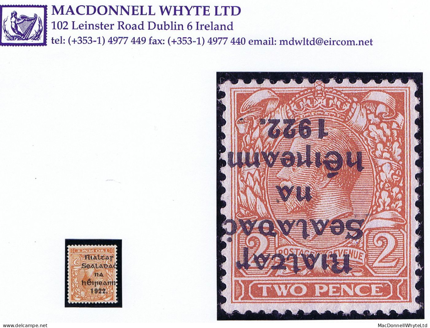 Ireland 1922 (Feb.) Thom Rialtas 5-line Overprint In Black On 2d Orange Die 2, Error "Overprint Inverted" Mint - Nuevos