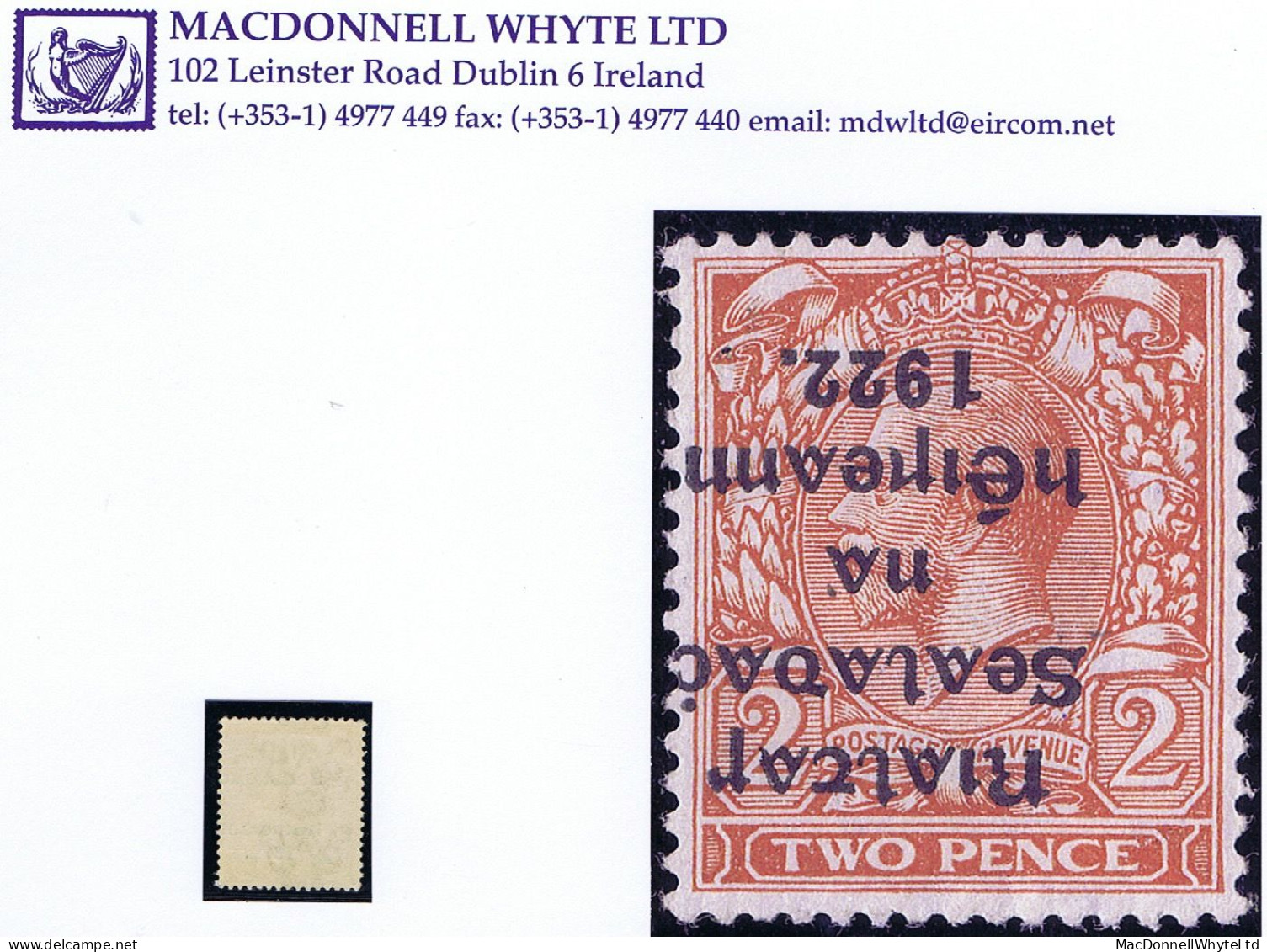 Ireland 1922 (Feb.) Thom Rialtas 5-line Overprint In Black On 2d Orange Die 2, Error "Overprint Inverted" Mint - Nuovi