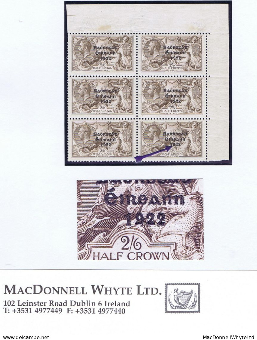 Ireland 1927-28 Wide Date Saorstat 3-line Ovpt In Black 2/6d Corner Block Of 6 With "Flat-tailed 9" Of Row 3/4 Mint - Unused Stamps