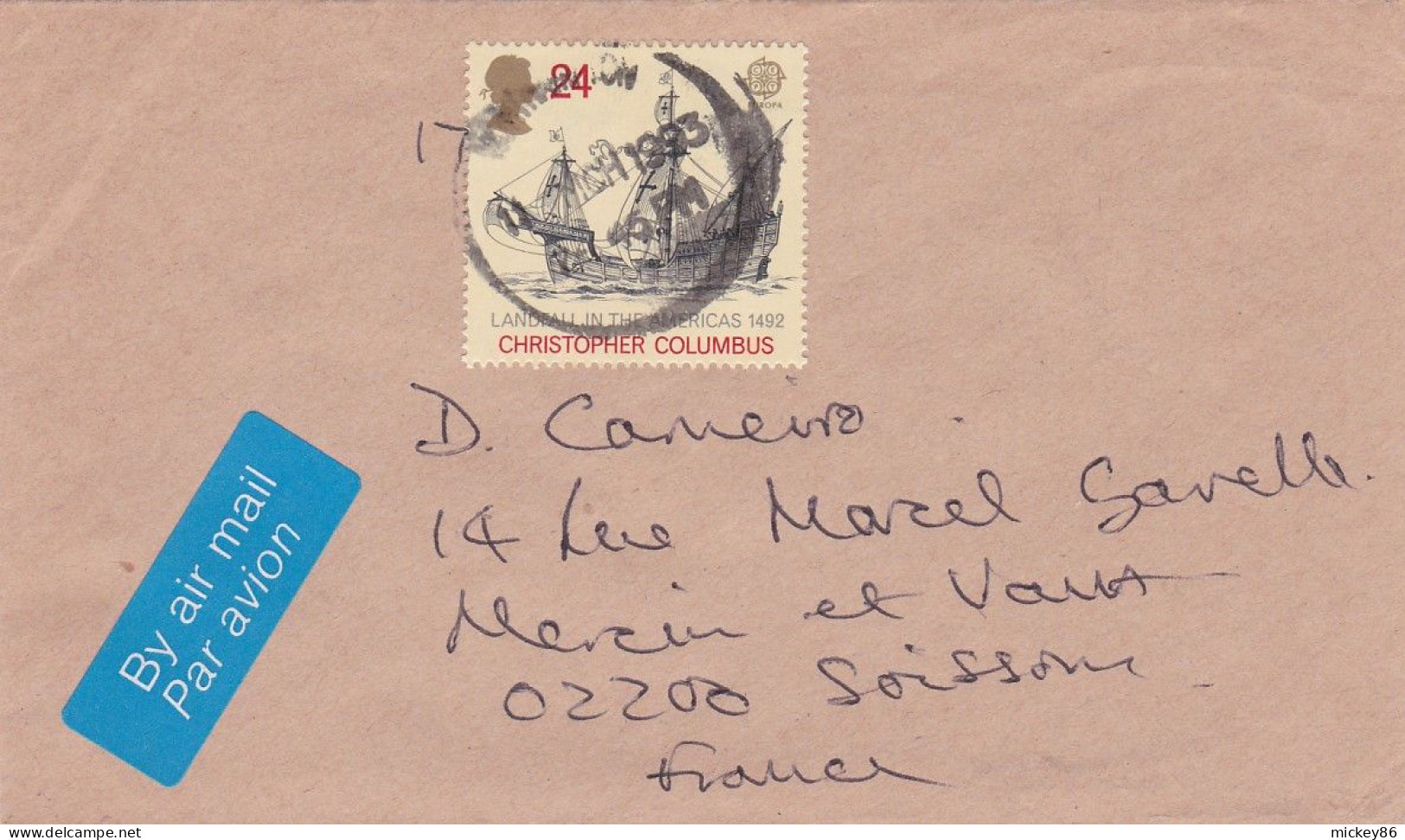 G-B -1993--lettre Hampton Pour Soissons-02 (France)-beau Timbre N° 1619 (Christ. Colomb) ,cachet  Date  11- MCH -1993 -- - Storia Postale