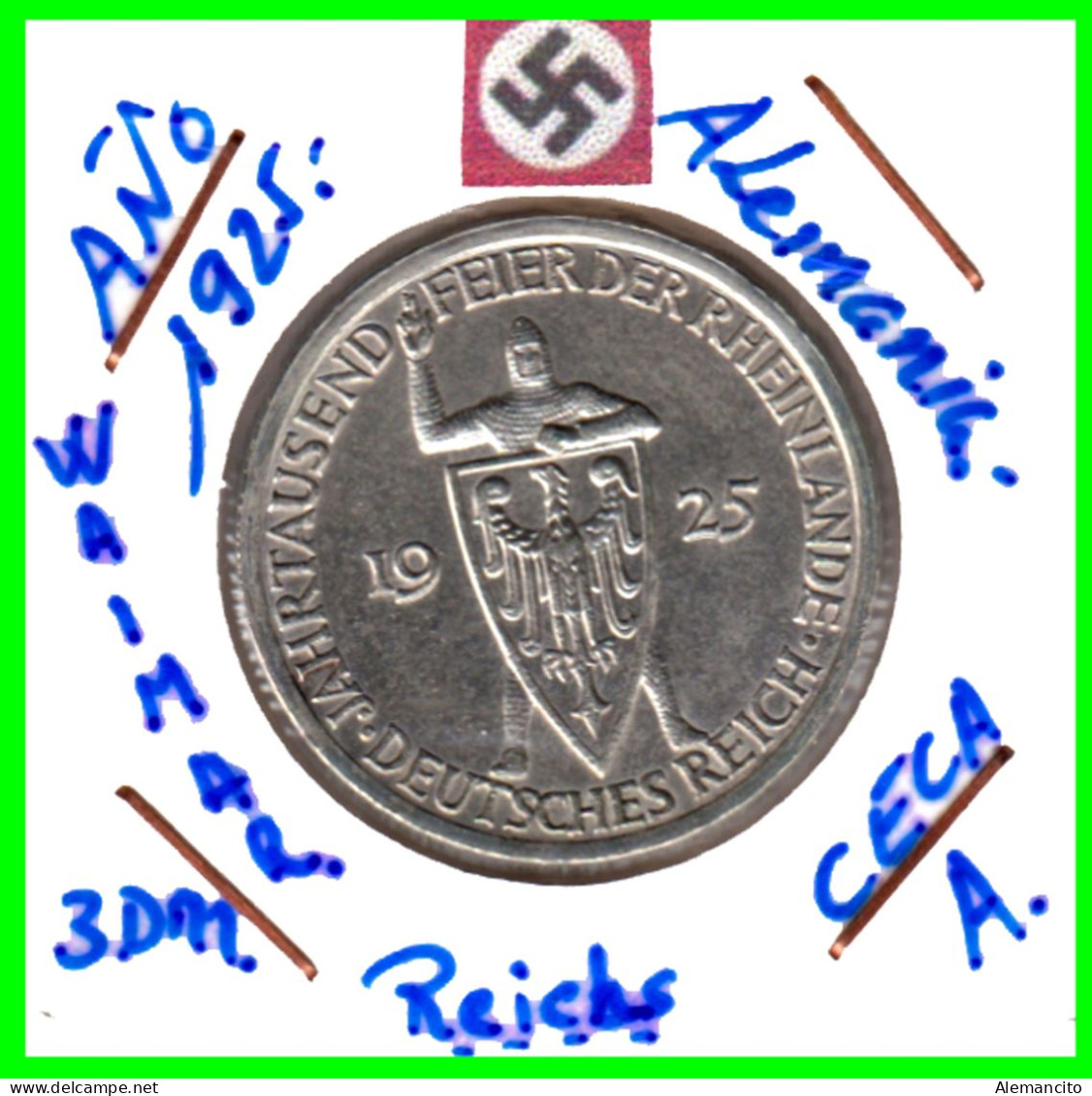 ALEMANIA WEIMAR REPUBLIC MONEDA DE 3.00 –REICHS MARK AÑO 1925 A – KM 46 PLATA EBC XF - 30 Mm  - CONMEMORATIVA - RENANIA - 3 Mark & 3 Reichsmark