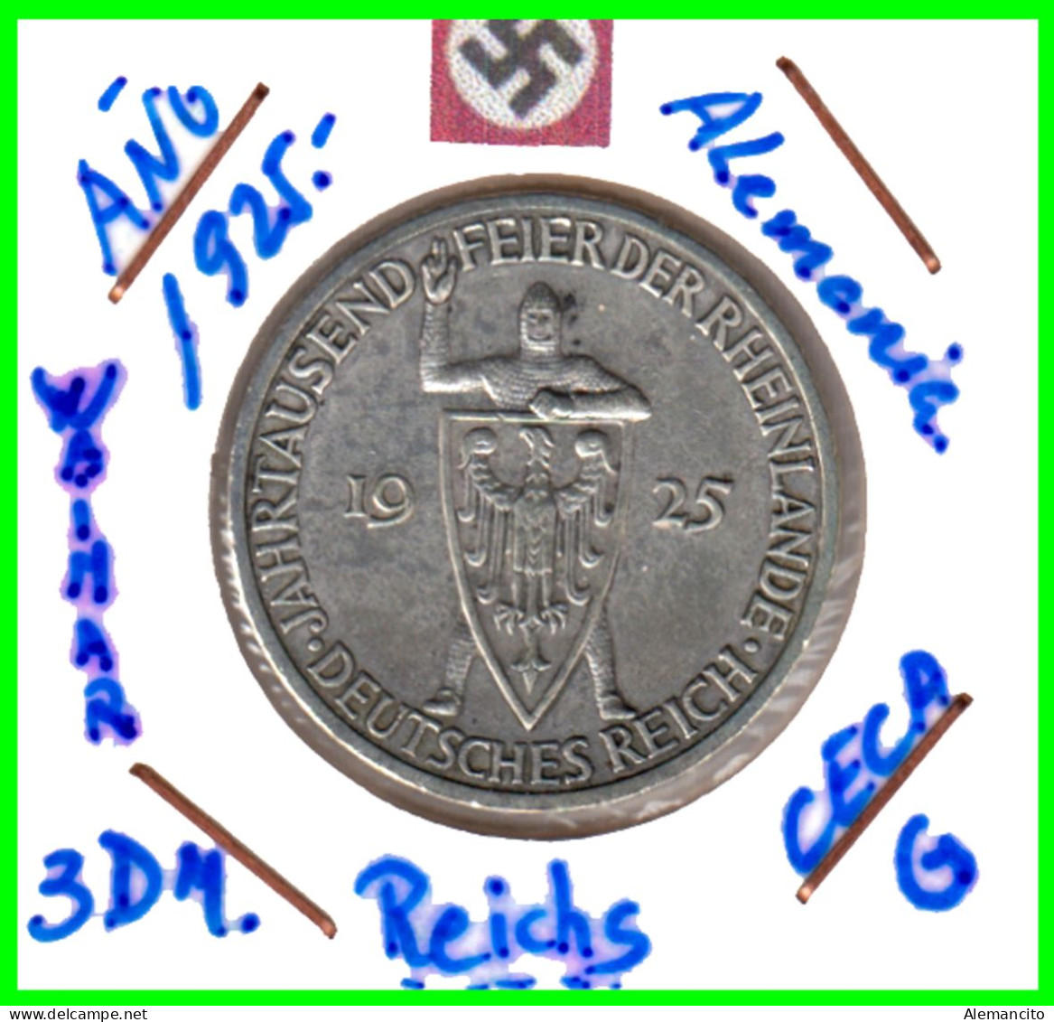 ALEMANIA WEIMAR REPUBLIC MONEDA DE 3.00 –REICHS MARK AÑO 1925 G – KM 46 PLATA EBC XF - 30 Mm  - CONMEMORATIVA - RENANIA - 3 Mark & 3 Reichsmark