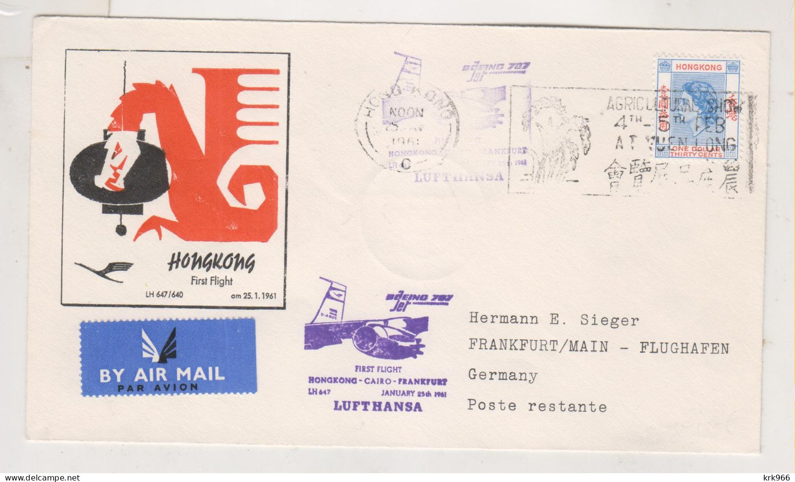 HONG KONG 1961 Nice Airmail Cover To Germany First Flight HONG KONG-CAIRO-FRANKFURT - Storia Postale