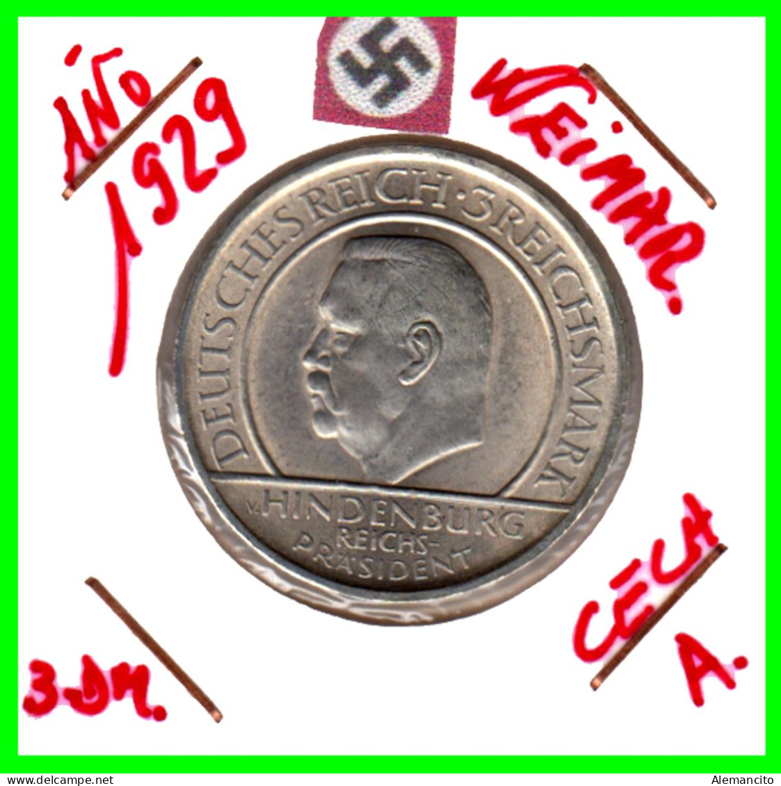 ALEMANIA WEIMAR REPUBLIC MONEDA DE 3.00 –REICHS MARK AÑO 1929 A – KM 63 PLATA EBC XF - CONMEMORATIVA DECIMO ANIVERSARIO - 3 Mark & 3 Reichsmark