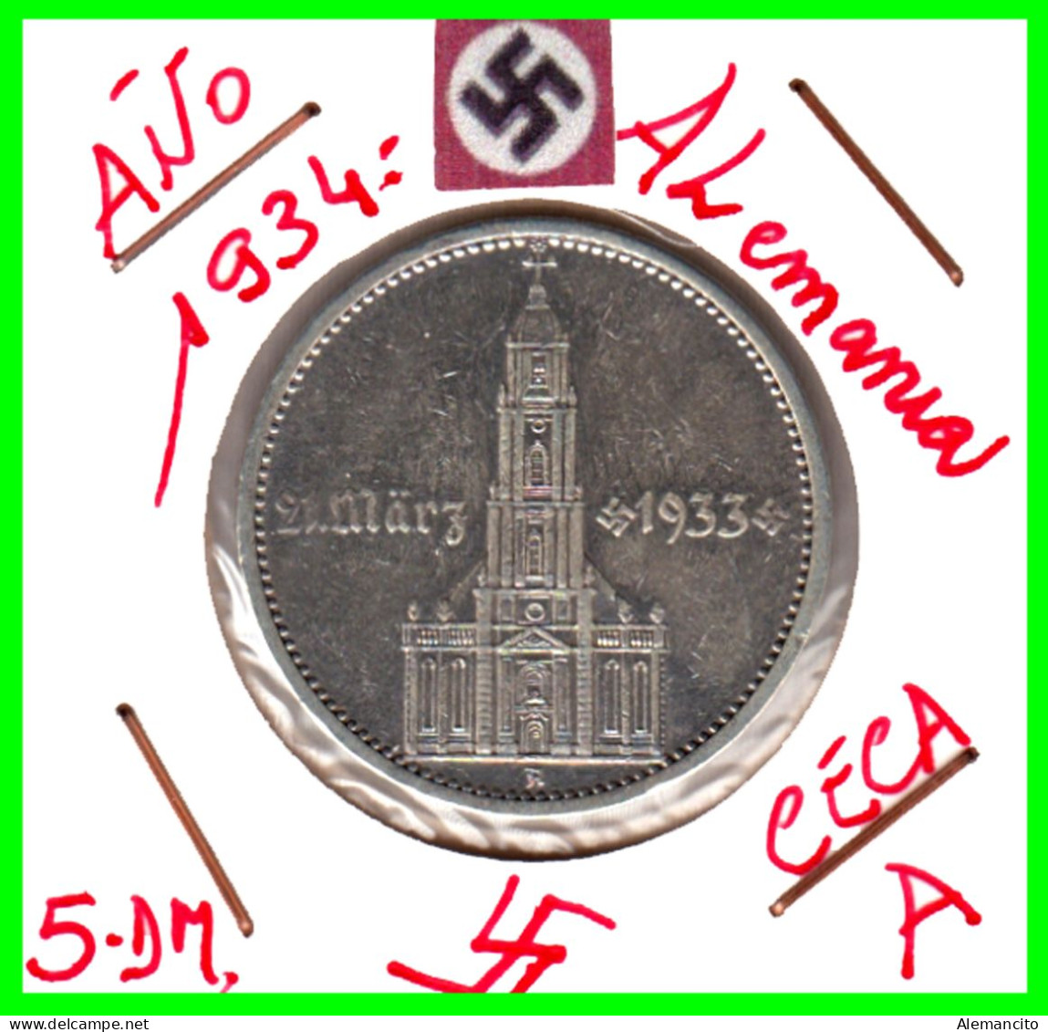 ALEMANIA TERCER REICHS  MONEDA DE 5.00 –DEUTFCHES REICHS MARK AÑO 1934 A – KM 83 PLATA  - 1º ANIVERSARIO DOMINIO NAZI 1 - 5 Reichsmark