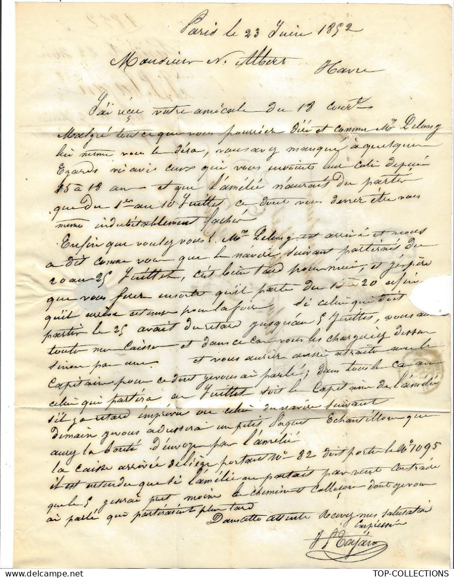 1852  Par Tajan Paris LETTRE NAVIGATION NAVIRE L’Amélie  DEPART Le Havre Pour Nestor Albert Armateur LE HAVRE - 1849-1876: Klassieke Periode