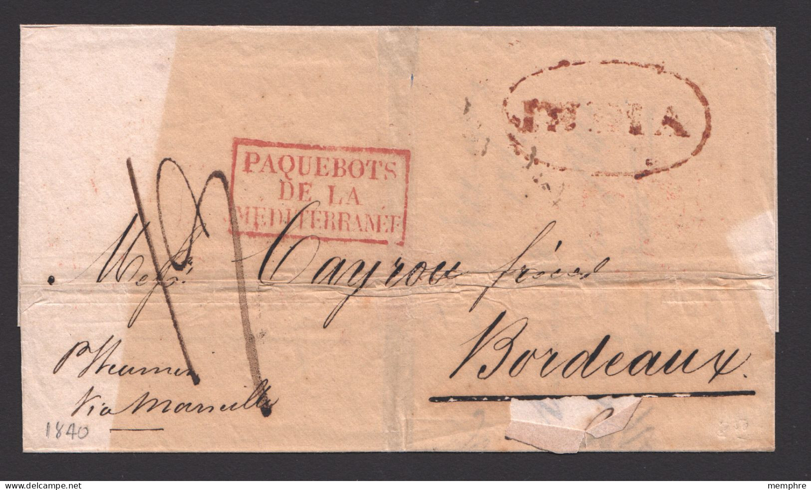 1840  Madras Shipletter To France Bordeaux Receiver On Back Boxed «Paquebots De La Méditerrannée» And Oval «India» - ...-1852 Préphilatélie