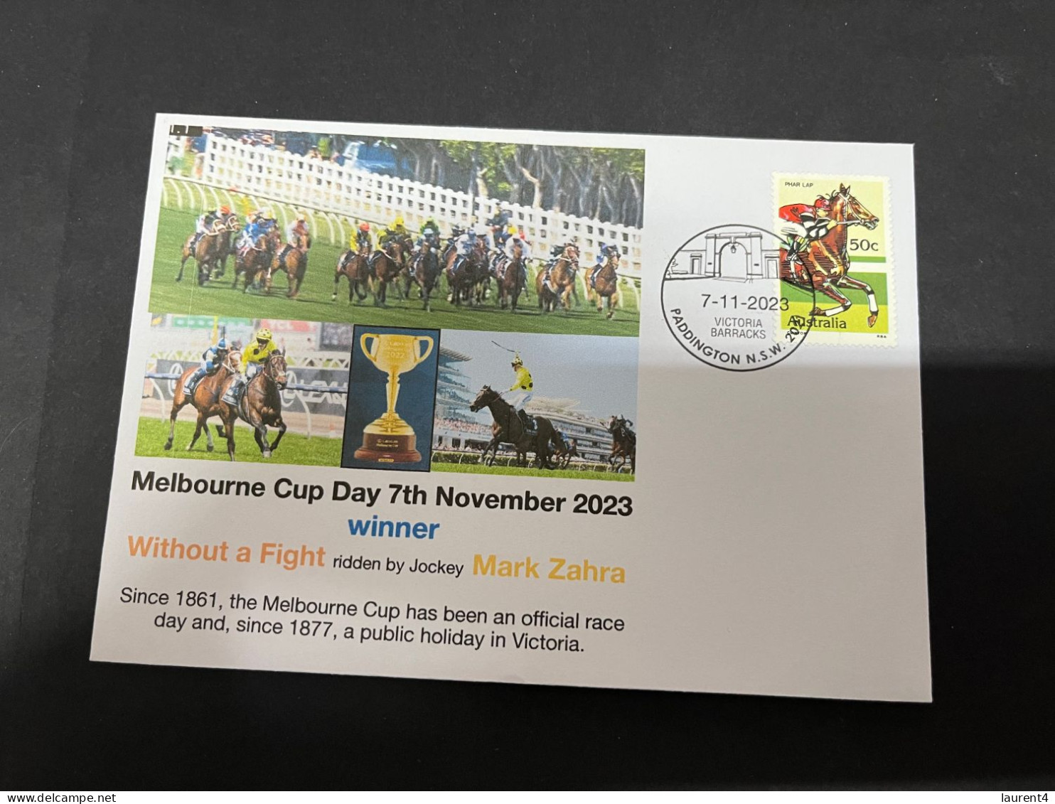 8-11-202 (1V 37) Australia - 7th November 2023 - Melbourne Cup (winner Without A Fight - Ridder Mark Zahra) Horse Stamp - Cartas & Documentos