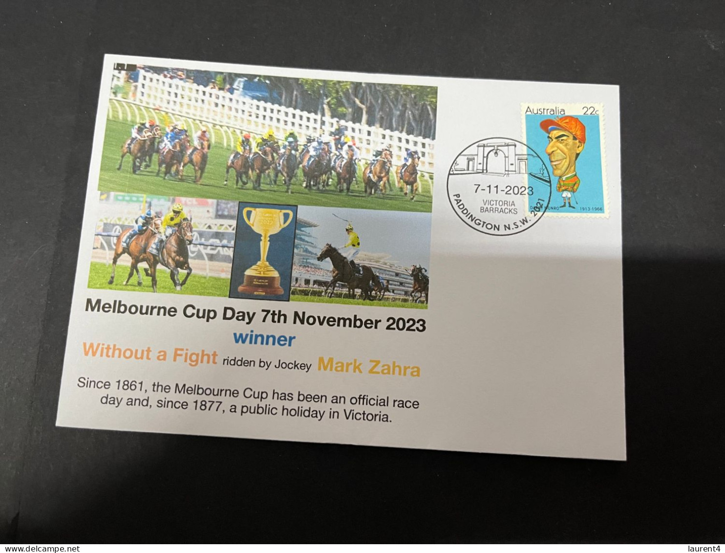 8-11-202 (1V 37) Australia - 7th November 2023 - Melbourne Cup (winner Without A Fight - Ridder Mark Zahra) Jockey Stamp - Covers & Documents