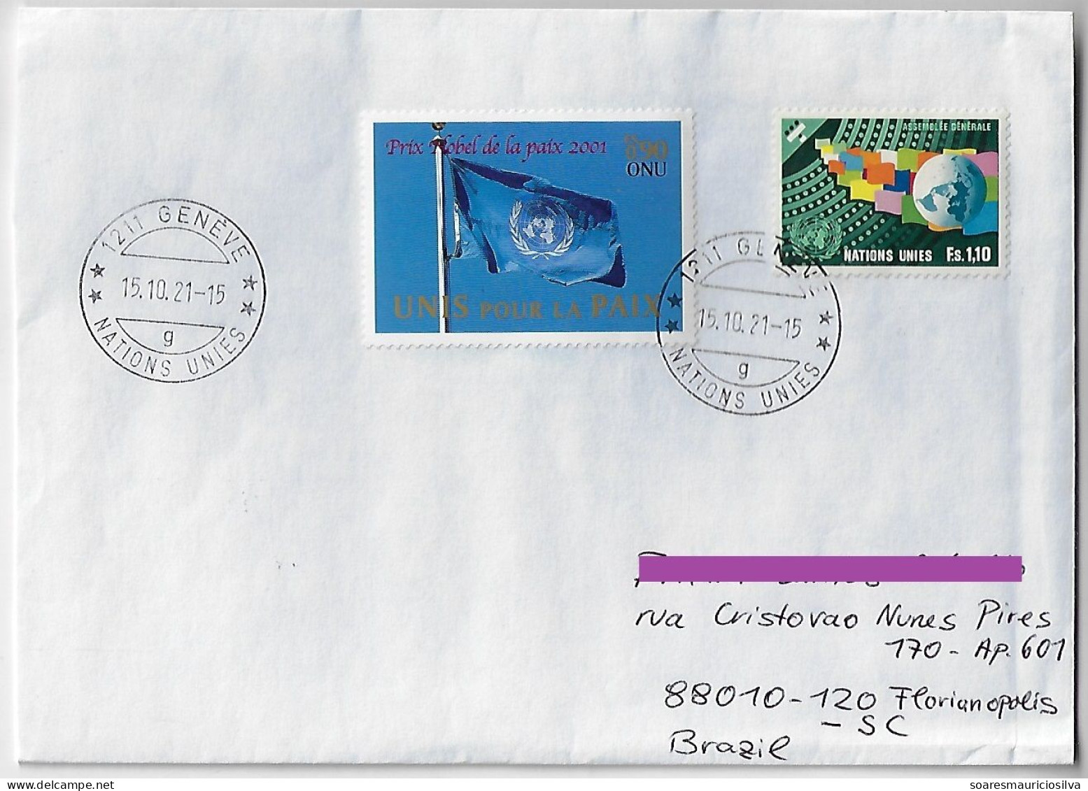 United Nations 2021 Cover Sent From Geneve To Florianópolis Brazil 2 Stamp Electronic Sorting Mark - Brieven En Documenten