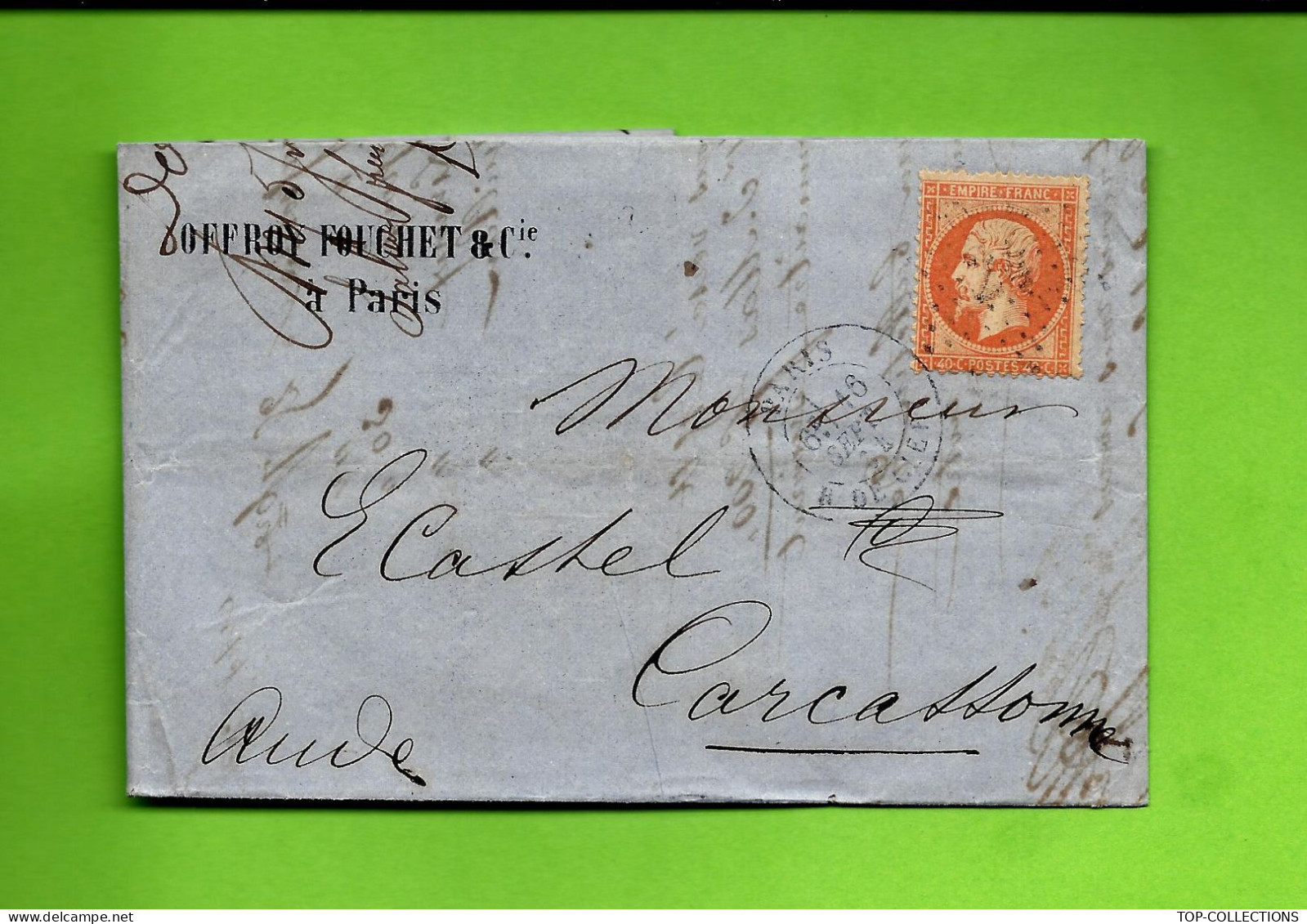 1864  De Paris Bordereau Offroy Fouchet Banque Timbre Empire Oblitéré Pour Carcassonne  Aude Dest. Castel - 1849-1876: Klassik