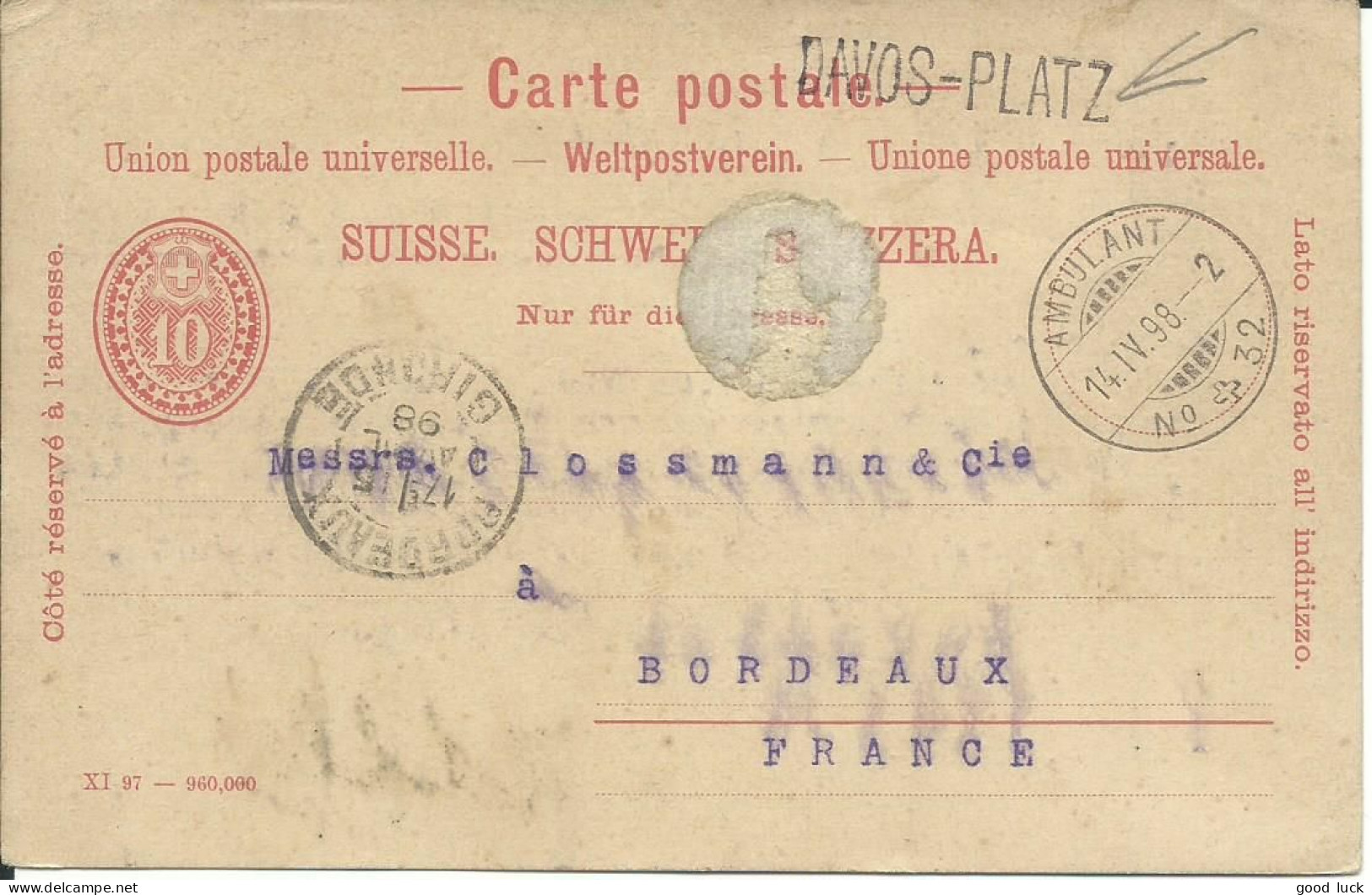 SUISSE CARTE 10c  MARQUE LINEAIRE DAVOS-PLATZ AMBULANT N°32 POUR BORDEAUX ( GIRONDE ) DE 1898 LETTRE COVER - Ferrocarril