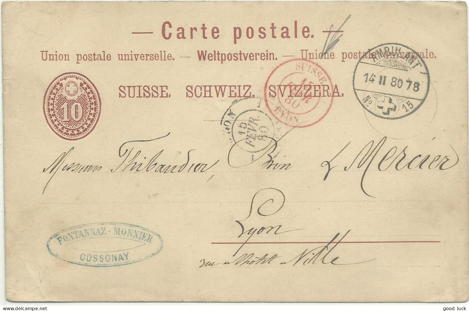 SUISSE CARTE 10c CACHET D' ENTREE LYON AMBULANT N°15 DE 1880 LETTRE COVER - Bahnwesen