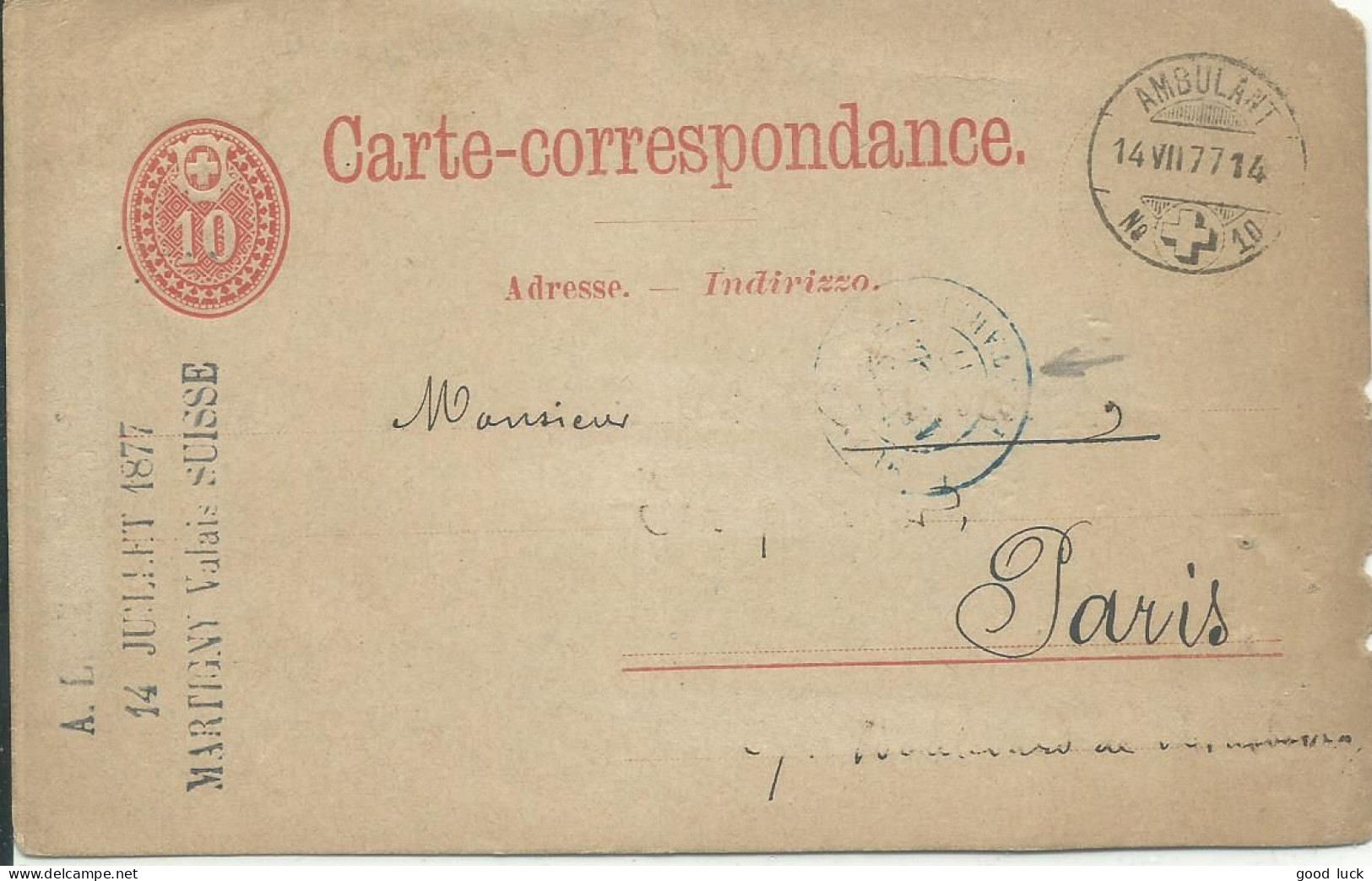 SUISSE CARTE 10c  AMBULANT N° 10  POUR PARIS   + CACHET BLEU DE 1877  LETTRE COVER - Railway