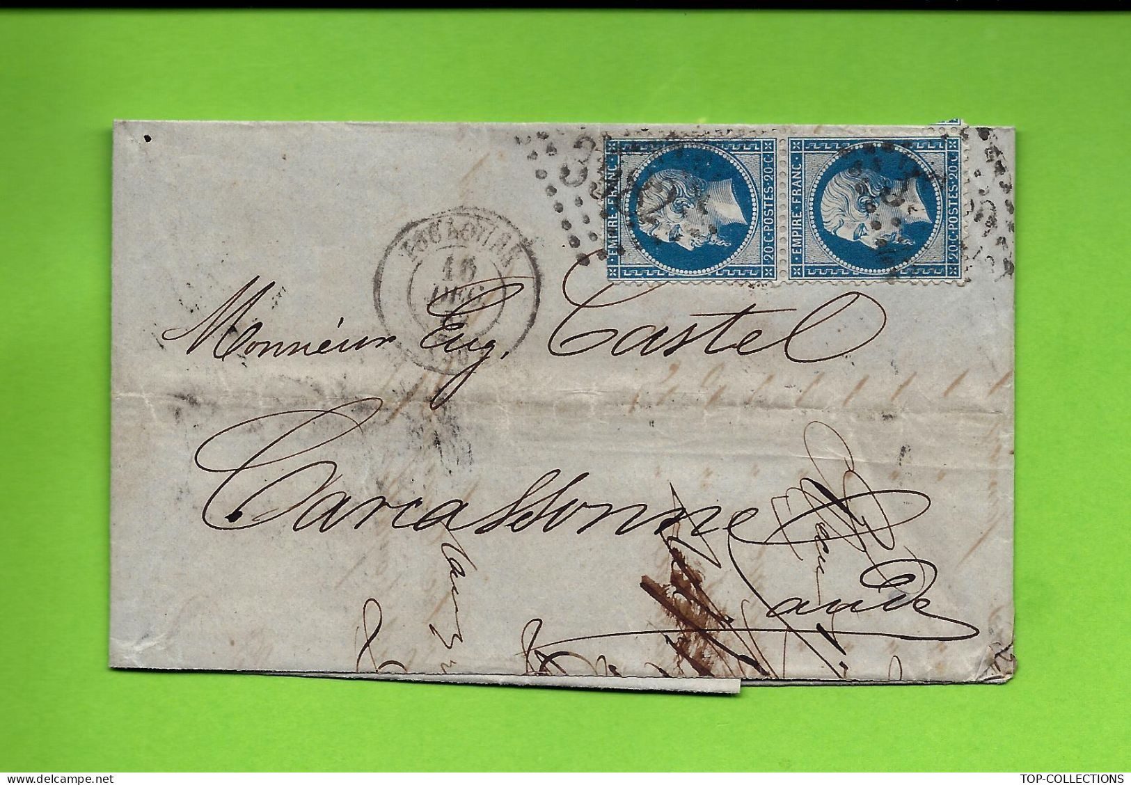 1863 Toulouse 2 Timbres Empire Oblitérés Gr. Ch. 3982 Emile Lacroix Bordereau Pour Castel à Carcassonne Aude - 1849-1876: Klassieke Periode