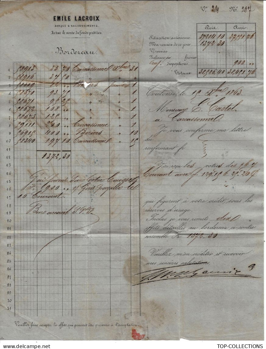 1863 Toulouse 2 Timbres Empire Oblitérés Gr. Ch. 3982 Emile Lacroix Bordereau Pour Castel à Carcassonne Aude - 1849-1876: Klassik