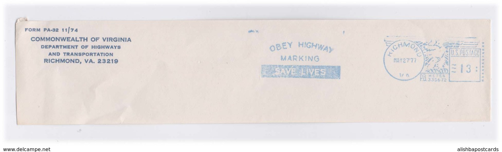 EMA Meter Frank Front Cover Cut Red Meter Mark Obey Highway Marking Save Lives Slogan US POSTAGE - Accidents & Sécurité Routière