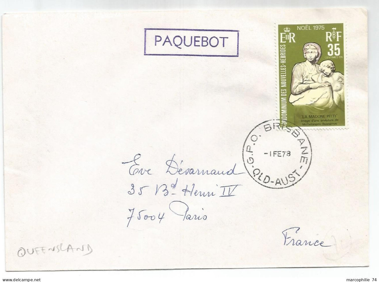 NOUVELLES HEBRIDES 35FR SEUL SOLO LETTRE COVER PO BRISBANE AUSTRALIA + PAQUEBOT 1978 - Briefe U. Dokumente