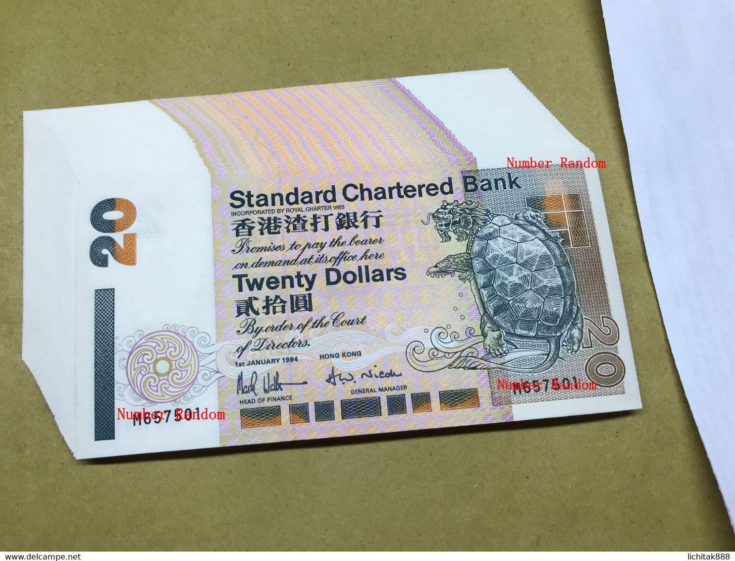 1994 Hong Kong Standard Charter Bank  $20 UNC Banknote Number Random Sea T​turtle - Hong Kong
