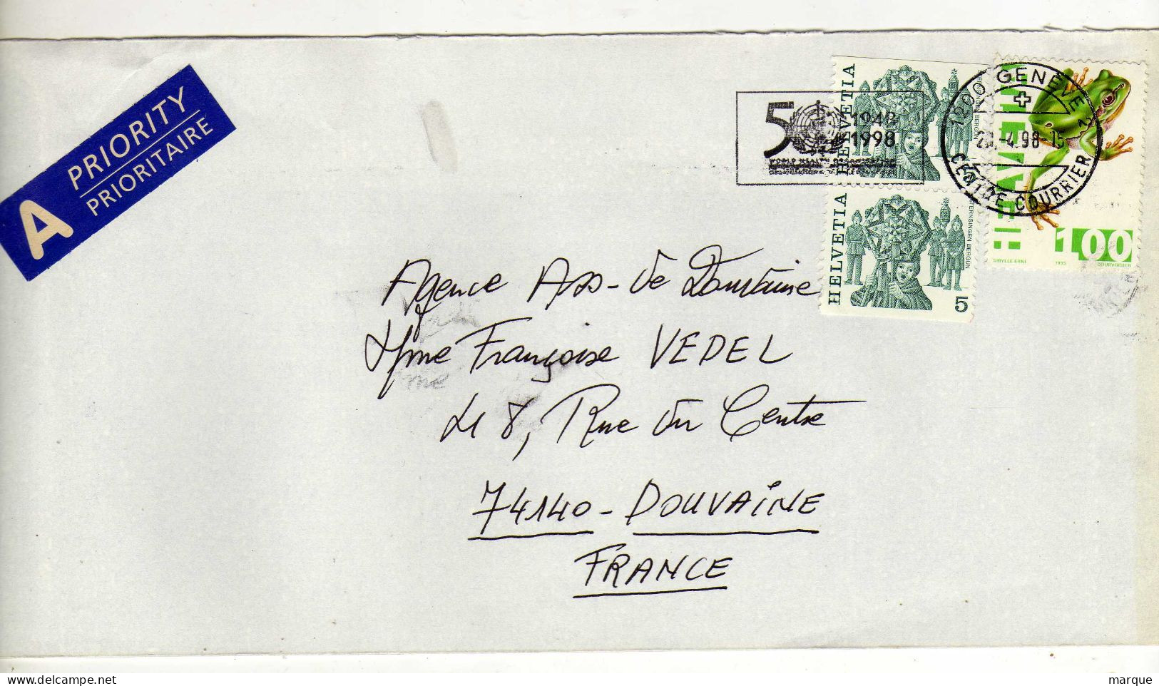 Enveloppe SUISSE HELVETIA Oblitération 1200 GENEVE 2 CENTRE COURRIER 28/04/1998 - Marcophilie