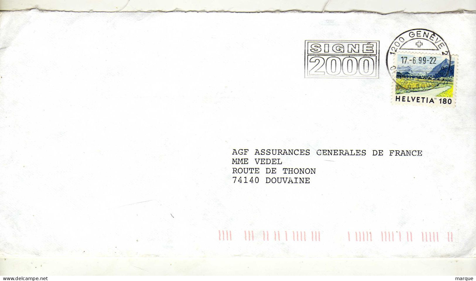Enveloppe SUISSE HELVETIA Oblitération 1200 GENEVE 2 CENTRE COURRIER 17/06/1999 - Marcophilie
