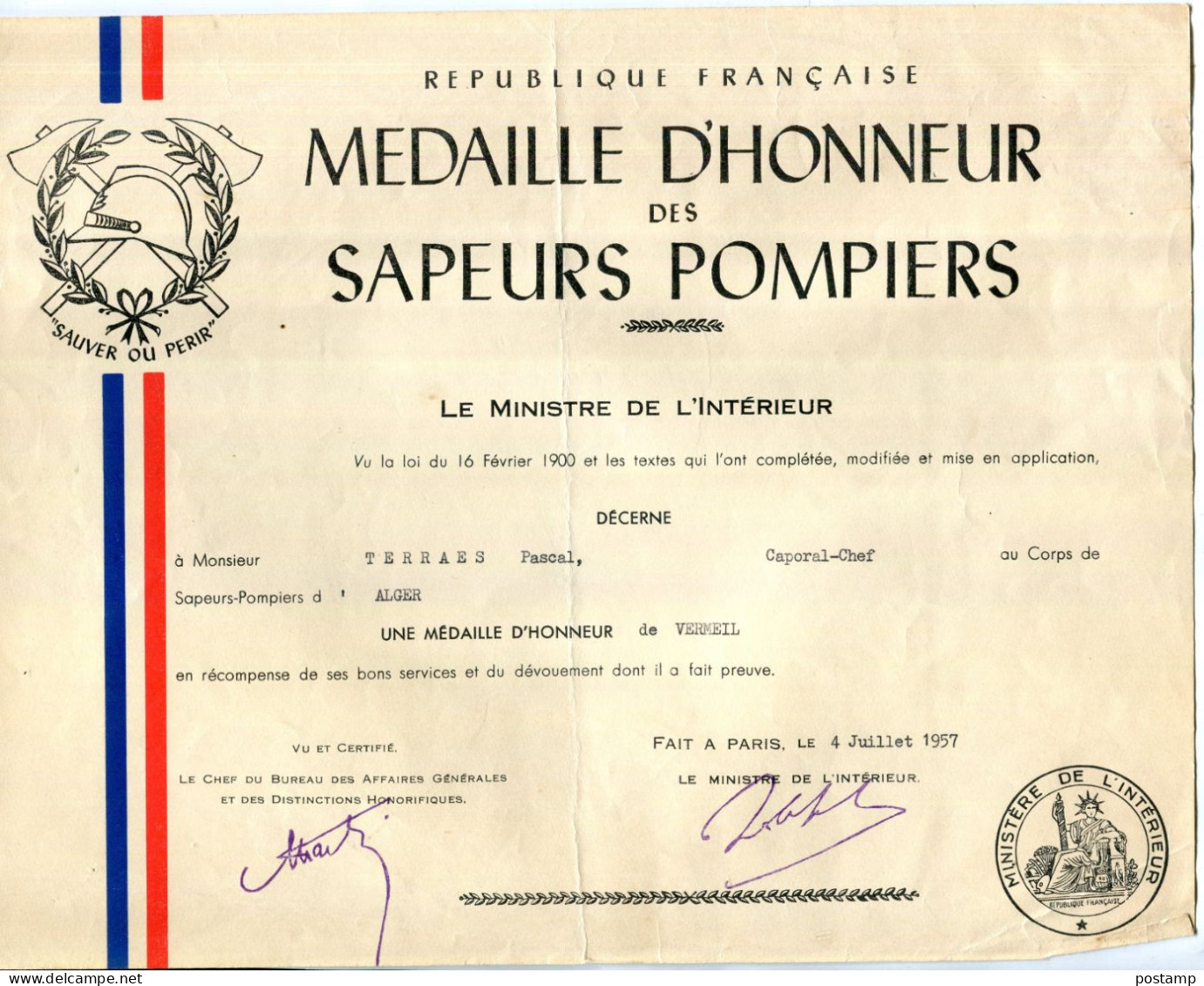 Document "MEDAILLE D'honneur Des Sapeurs Pompiers-ALGER-- Ministre De L'intérieur PARIS 4juillet 1957 - Diplômes & Bulletins Scolaires