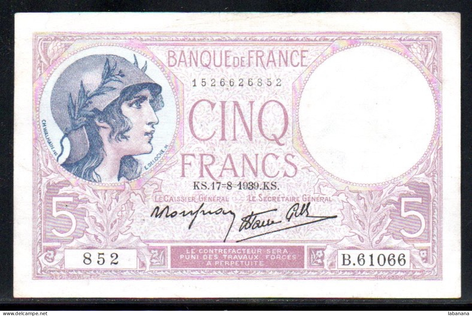 681-France 5fr 1939 KS B61066 - 5 F 1917-1940 ''Violet''