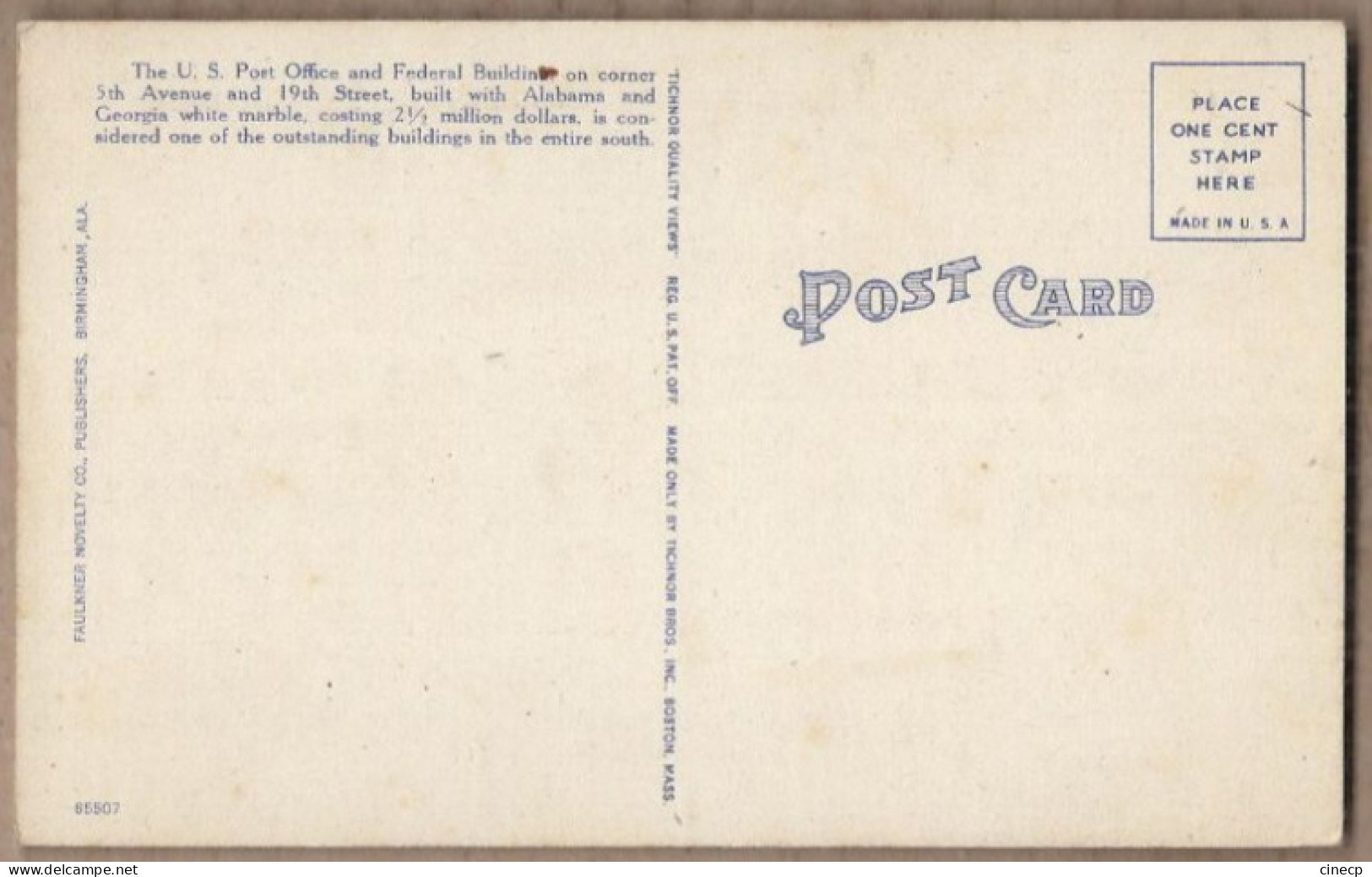 CPA USA - BIRMINGHAM - U. S. POST OFFICE - TB PLAN Bâtiment POSTE PTT AUTOMOBILES - Otros & Sin Clasificación