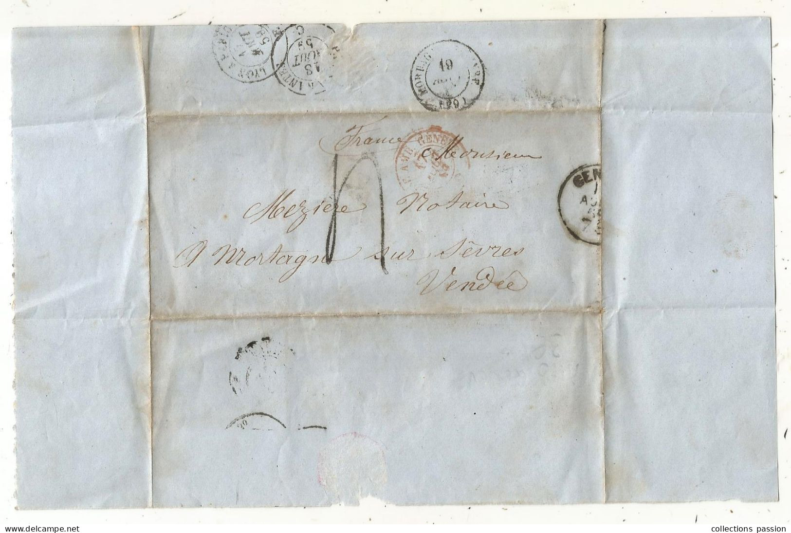 Lettre, 1859, Suisse, AMB. GENEVE ( Rouge), LYON A PARIS, PARIS A NANTES, à Mortagne, Vendée - Postmark Collection