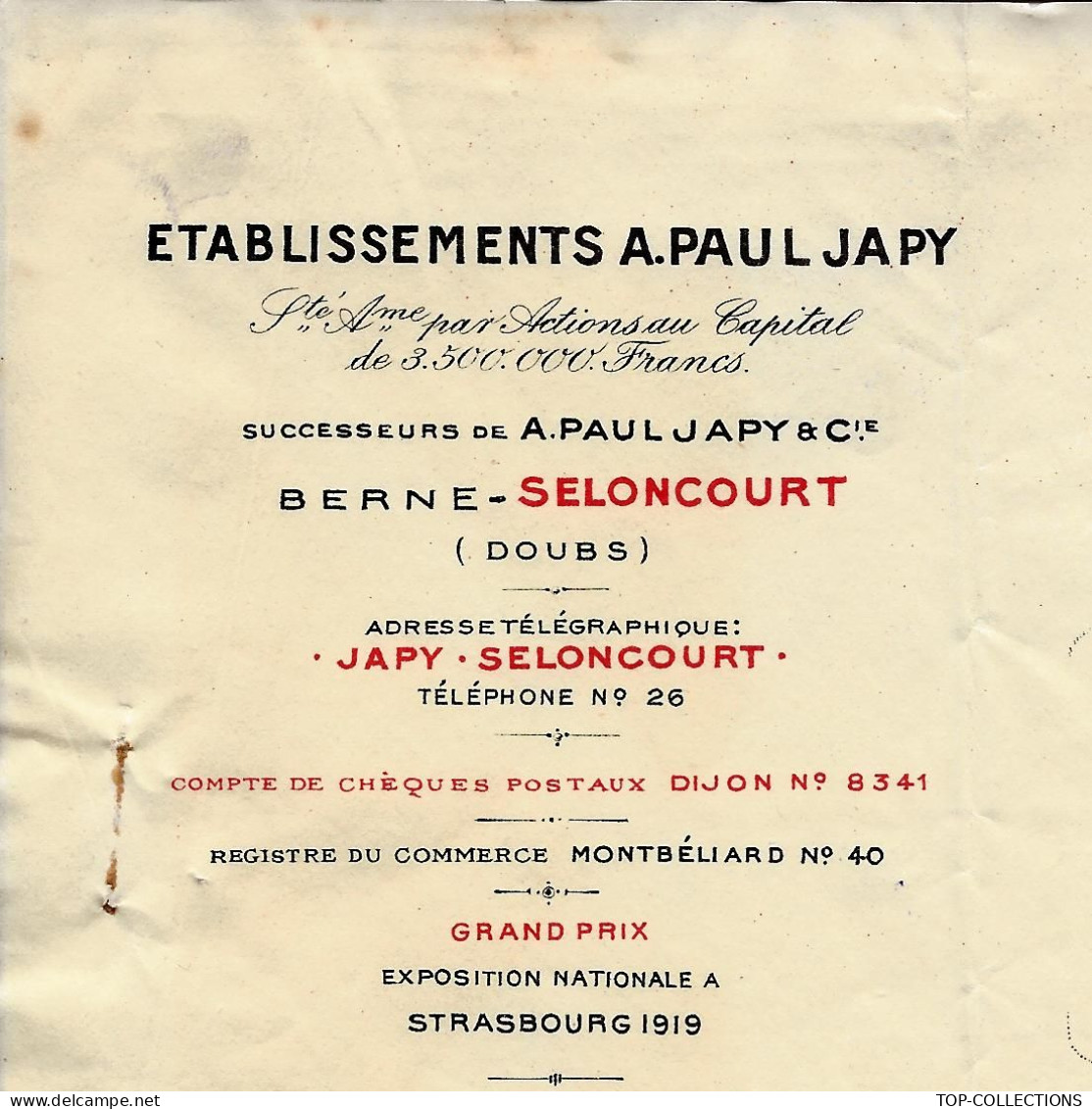 1924  ENTETE ETABLISSEMENTS A.PAUL JAPY Berne Seloncourt Doubs Pour Froidefond Quincaillerie Libourne Gironde - 1900 – 1949