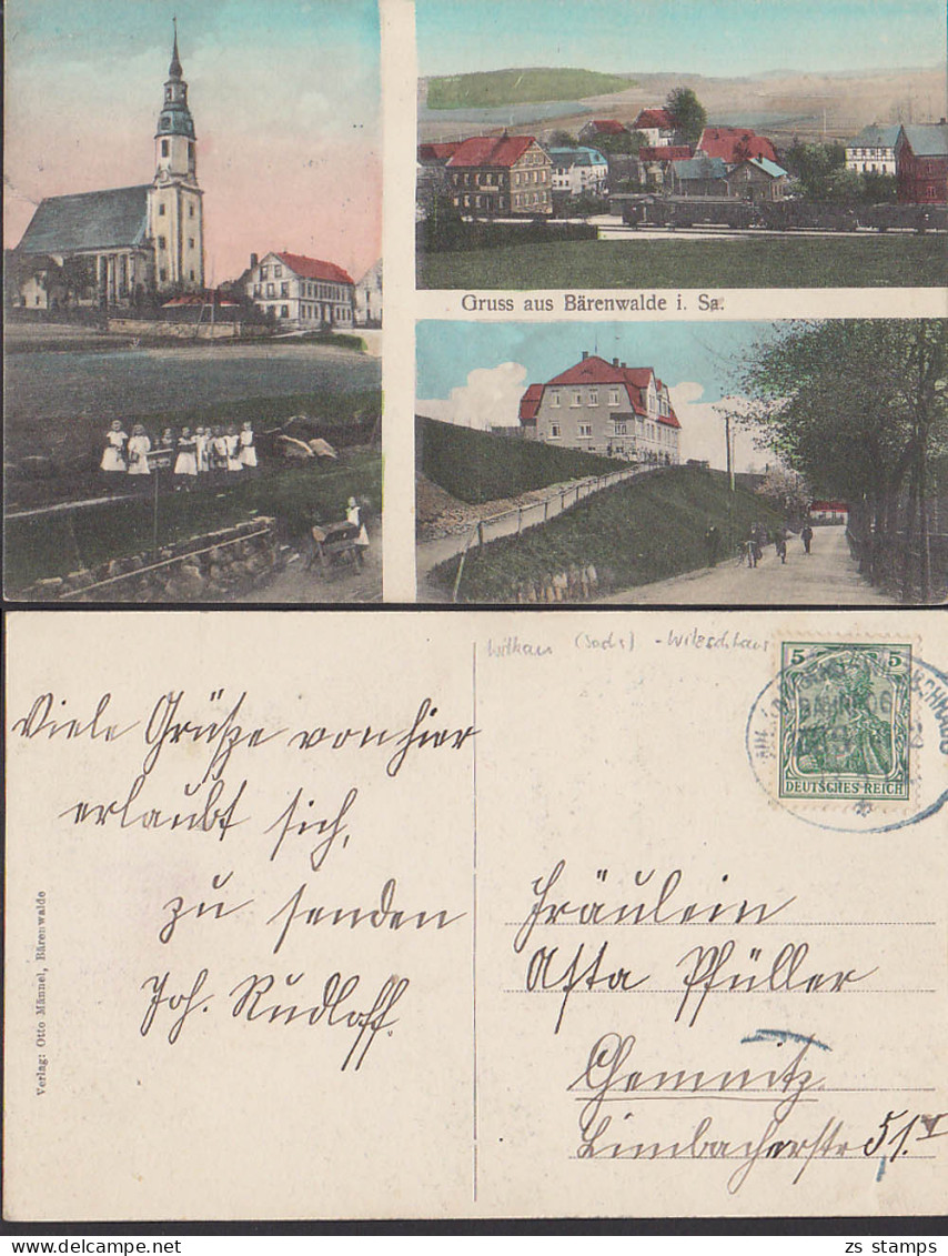 Bärenwalde Gruss Aus.. 3 Ansichten Kirche Bahnhof, Bahnpostst. Wilkau - Wilzschhaus 1913 - Crinitzberg