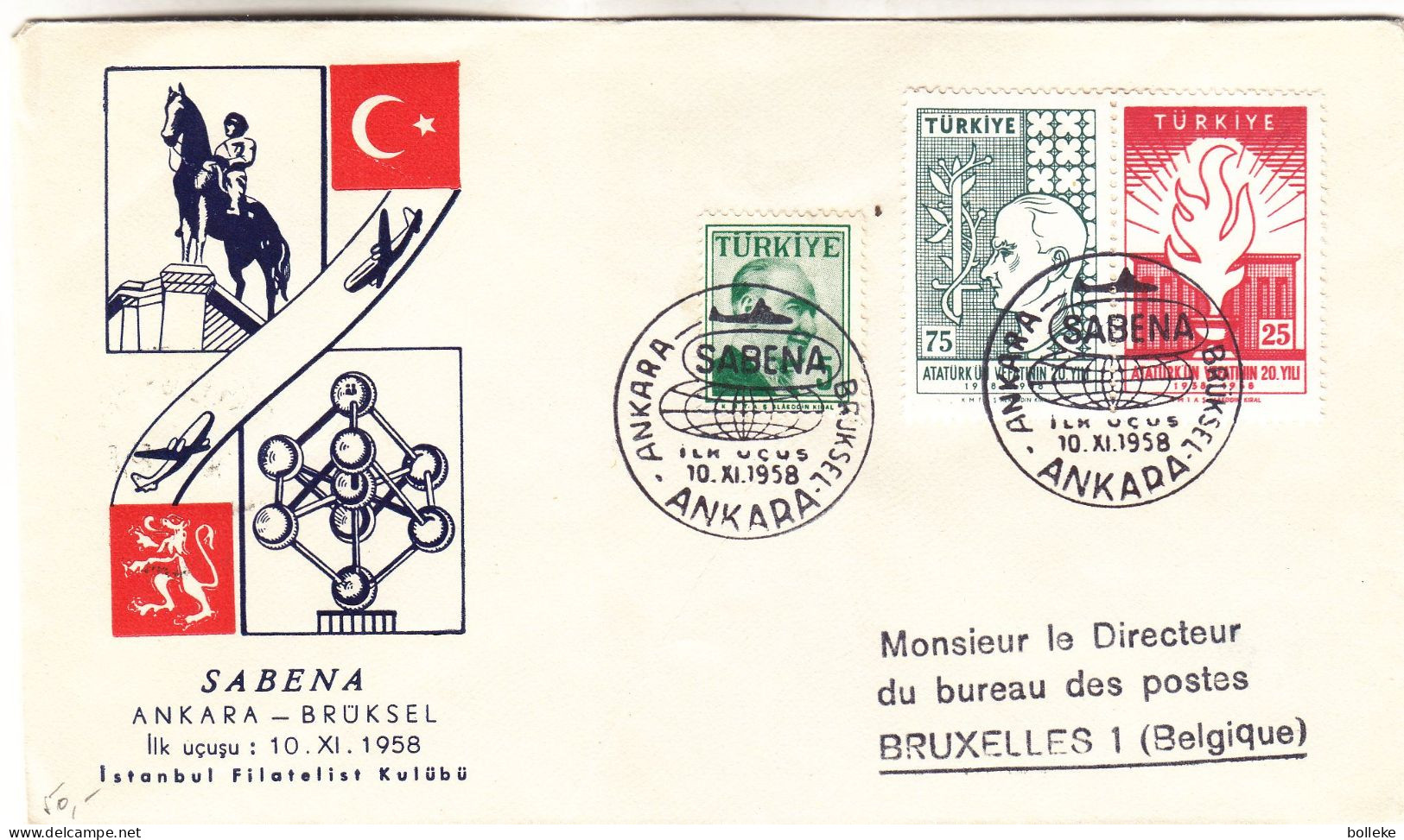 Turquie - Lettre De 1958 - Oblit Ankara - 1er Vol SABENA  Ankara Bruxelles - Ataturk - - Covers & Documents