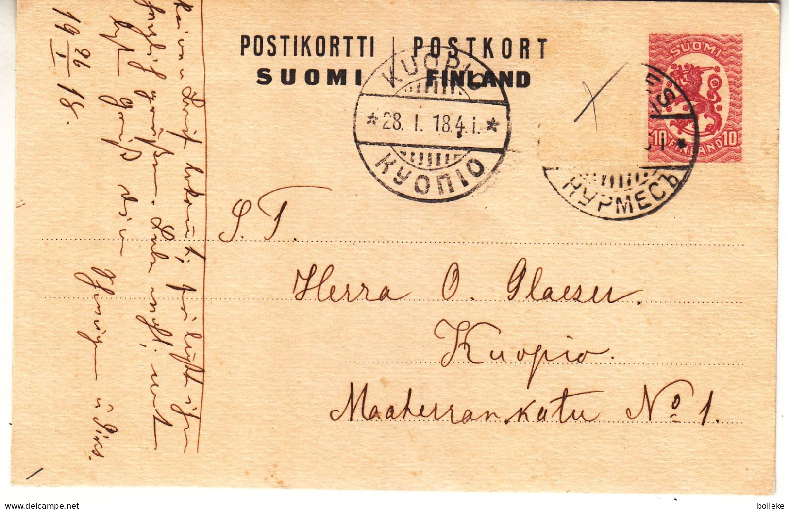 Finlande - Carte Postale De 1918 - Oblit Kuopio - Entier Postal - Exp Vers Kuopio - Helsinki - - Cartas & Documentos