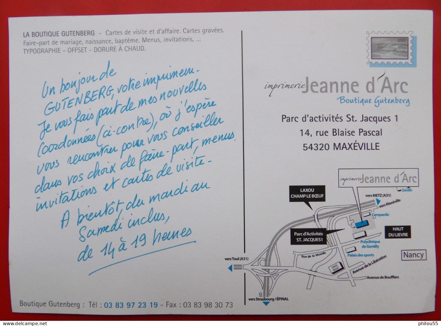 Carte Publicitaire 54 MAXEVILLE Imprimerie Jeanne D'Arc Boutique Gutenberg - Maxeville