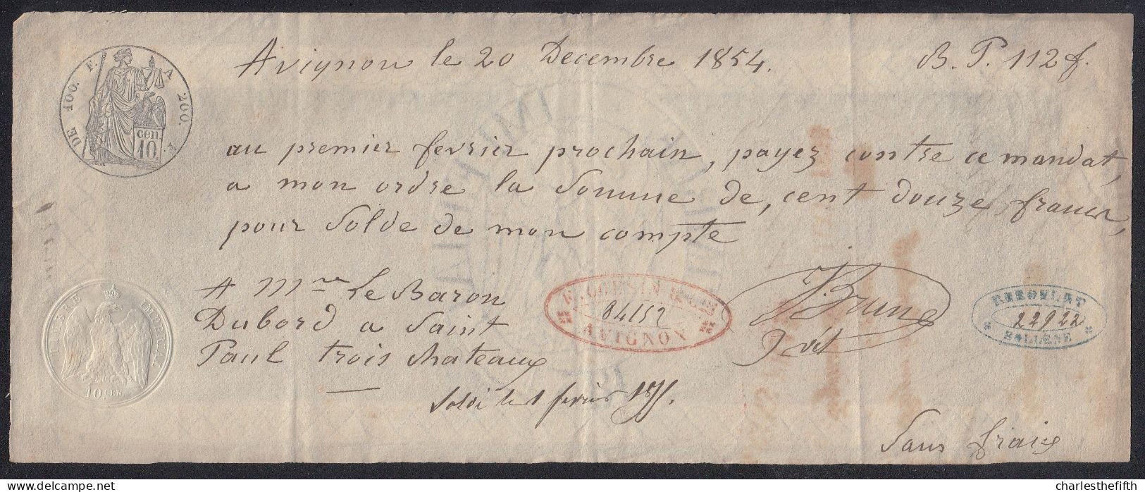 Mandat à Ordre De 1854 De 100 F ET 200 Et Au Dessous à 10 C à AVIGNON  - SANS FRAIS EN ROUGE - BARON DU BORD - Sonstige & Ohne Zuordnung