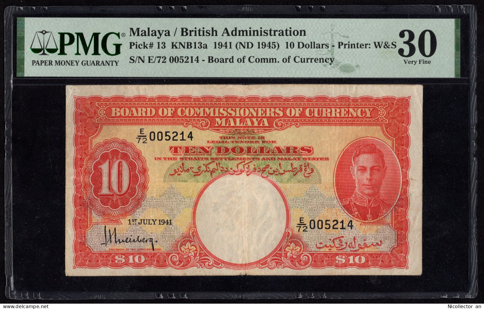 Malaya Straits Settlements 10 Dollars 1941 PMG 30 VF Rare - Malasia