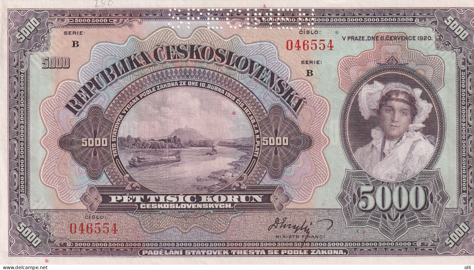 Czechoslovakia 5.000 Korun, P-19s 1920   AUNC  SPECIMEN - Tchécoslovaquie
