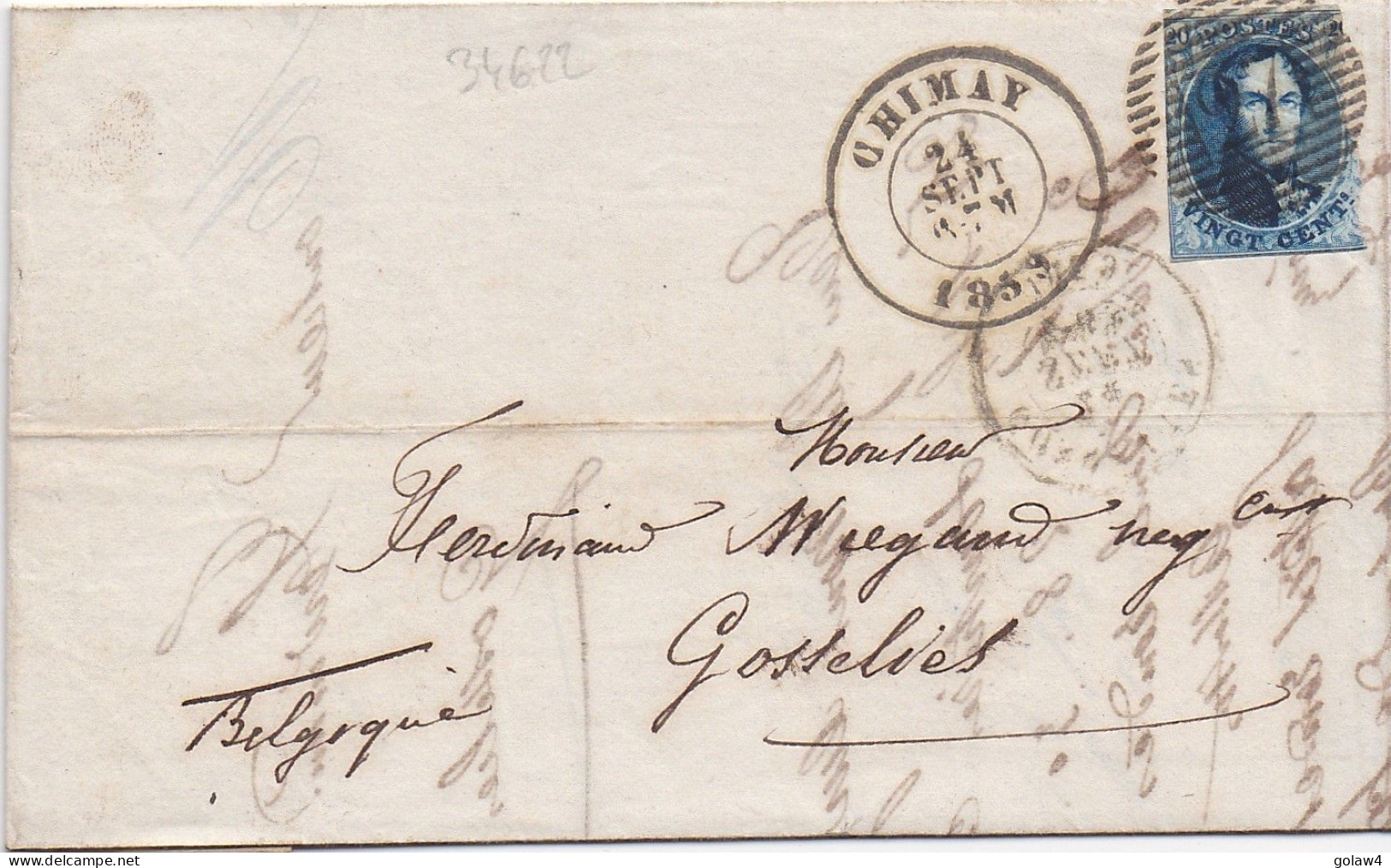 34622# BELGIQUE LEOPOLD MEDAILLON N°11 LETTRE Obl 27 CHIMAY 1859 Pour GOSSELIES - 1849-1865 Médaillons (Autres)