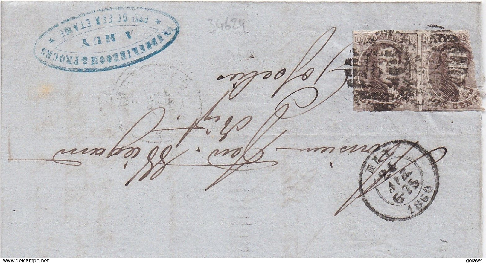 34624# BELGIQUE LEOPOLD MEDAILLON N°10 X 2 LETTRE Obl 62 HUY 1860 Pour GOSSELIES - 1849-1865 Medallones (Otros)