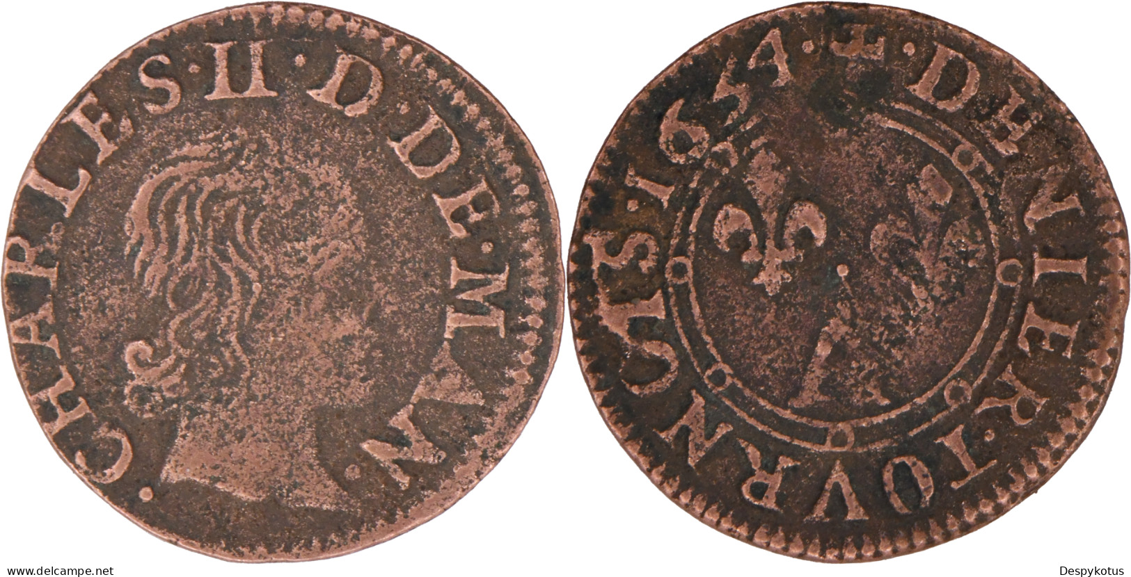 France - 1654 - Denier Tournois - CHARLES II DE GONZAGUE - 16-009 - Ardennes